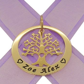 9CT GOLD 35mm CIRCLE FAMILY TREE OF LIFE PERSONALISED NAME PENDANT -35mm-KB85-9Y