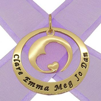 9CT GOLD 38mm CIRCLE OF LIFE PERSONALISED NAME CIRCLE MOON HEART PENDANT -38mm-KB94-9Y