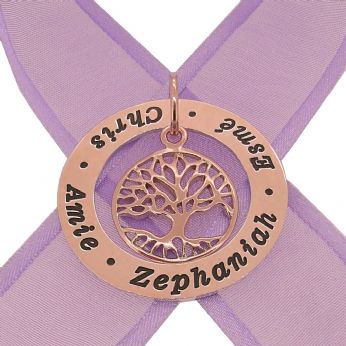 9CT ROSE GOLD 37mm CIRCLE FAMILY TREE OF LIFE PERSONALISED NAME PENDANT