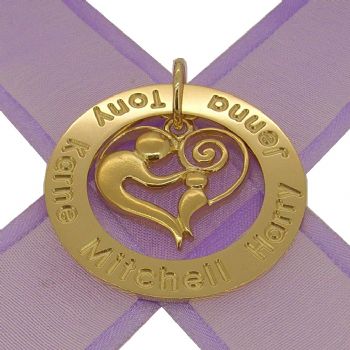 9CT GOLD 37mm CIRCLE MOTHER BABY CHILD HEART PERSONALISED NAME PENDANT