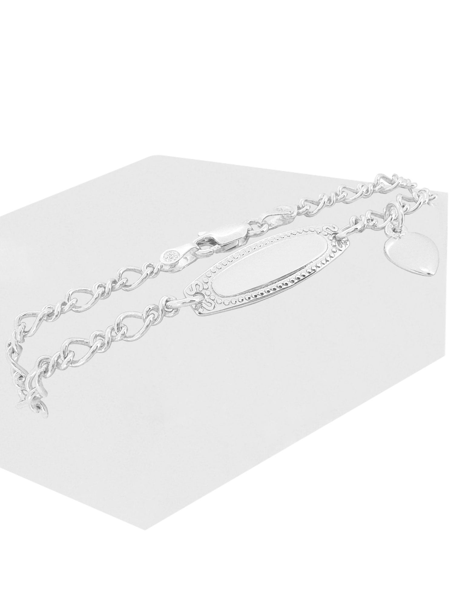 Baby Child Solid 9ct White Gold Love Heart Charm Figaro Identity Bracelet