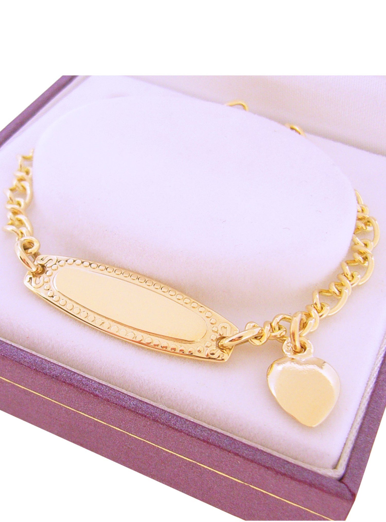 Baby Child Solid 9ct Yellow Gold Love Heart Charm Figaro Identity Bracelet