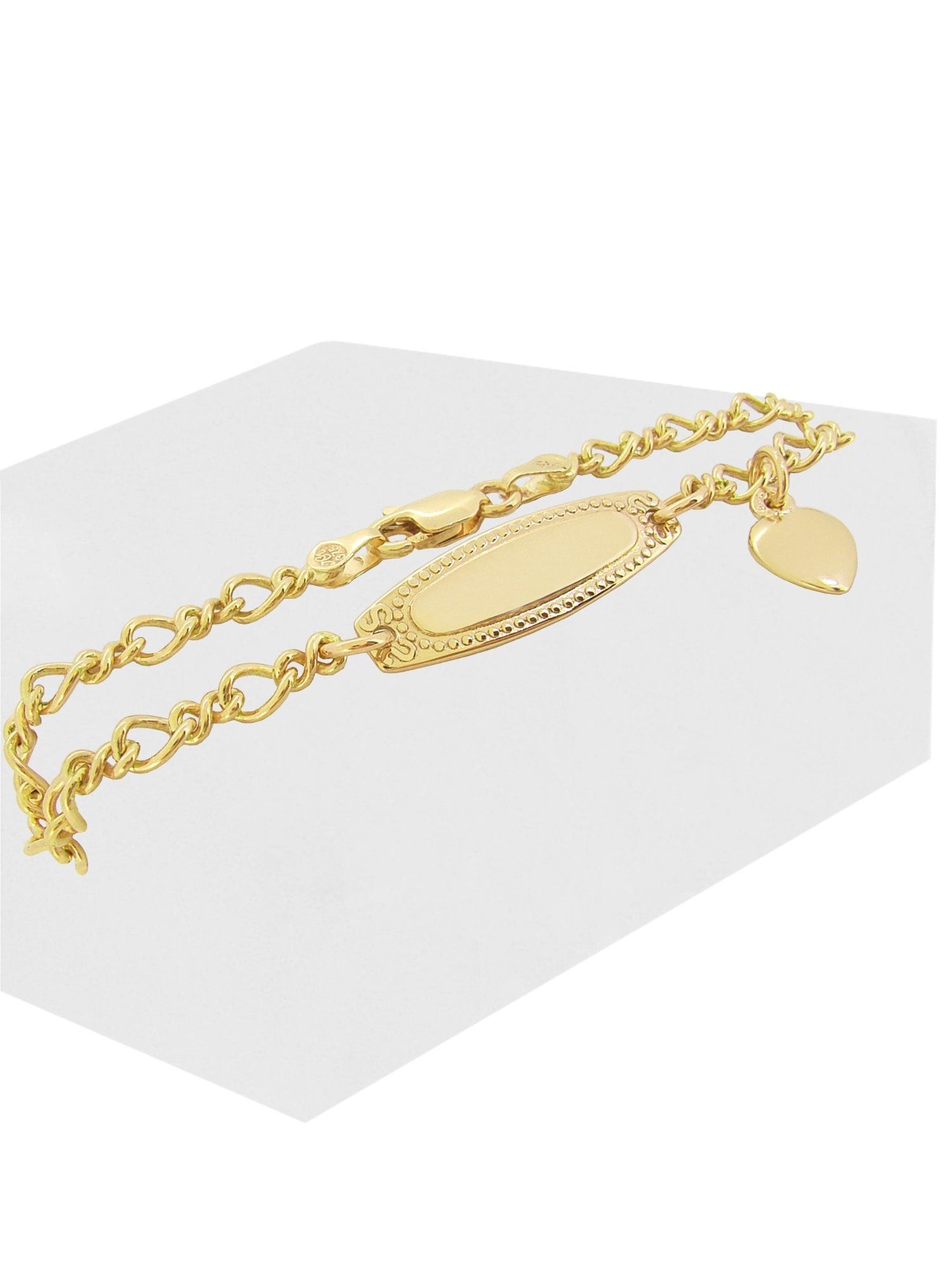 Baby Child Solid 9ct Yellow Gold Love Heart Charm Figaro Identity Bracelet