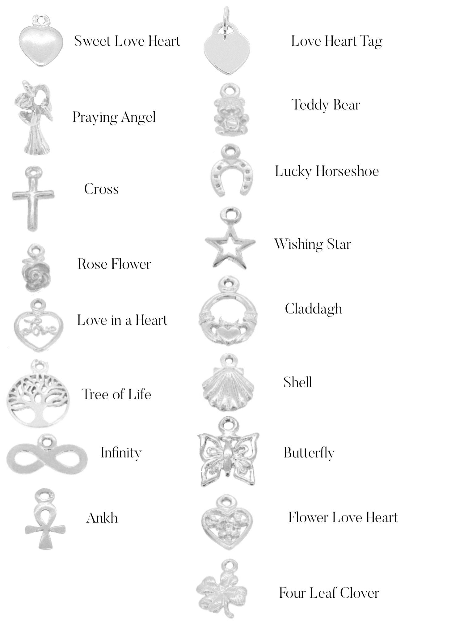 Available charm designs for the sterling silver personalised expanding bangle