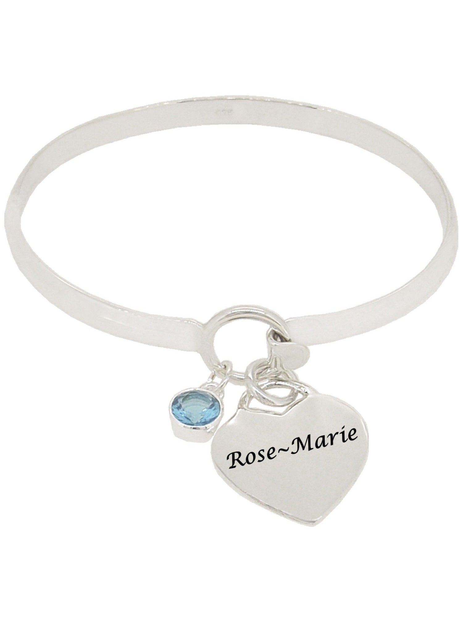 Circle Cuff Bangle Personalised 19mm Love Heart Tag Birthstone Charm