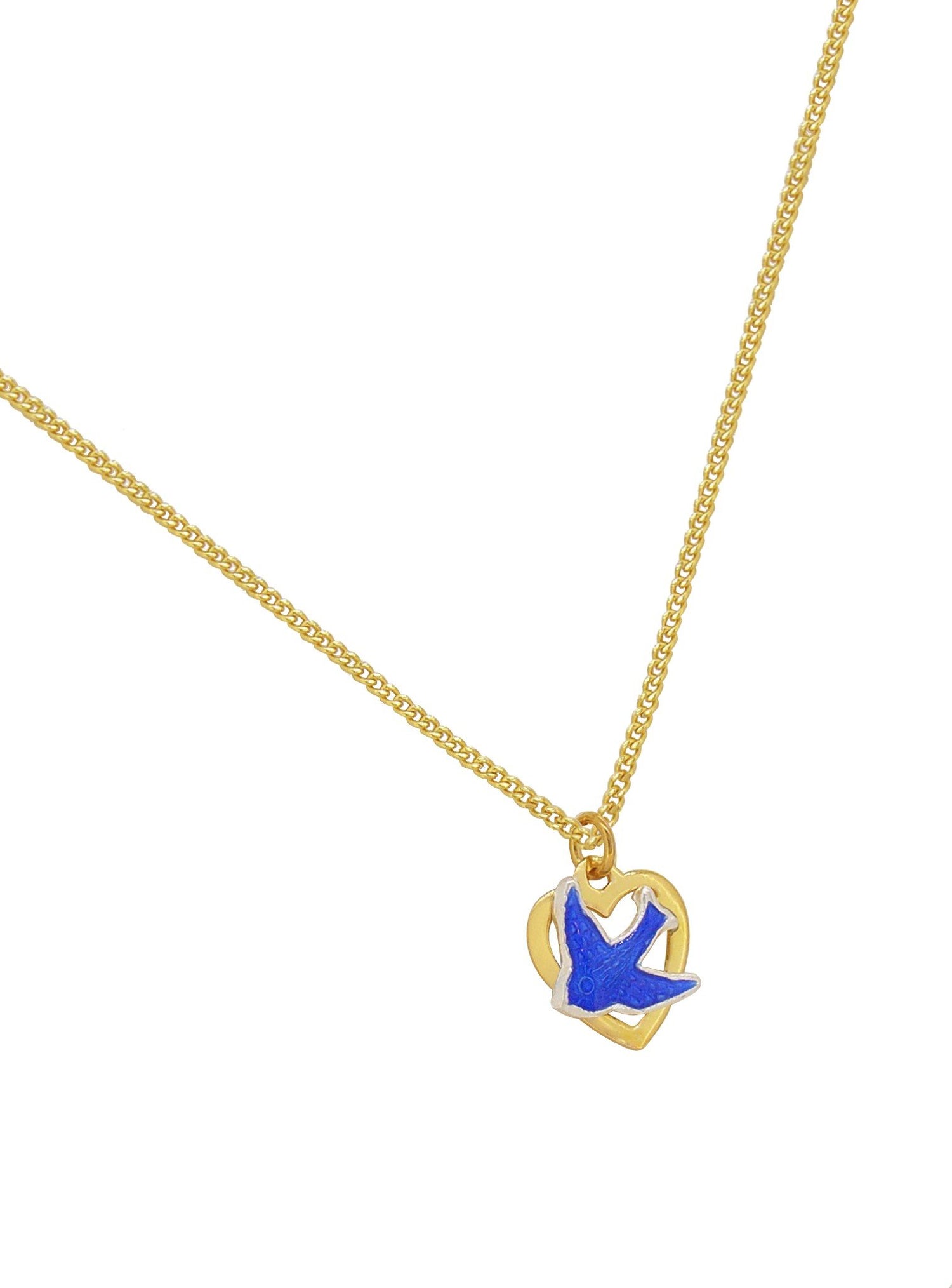 Bluebird of Happiness Love Heart Charm Necklace in Hard Gold Plating