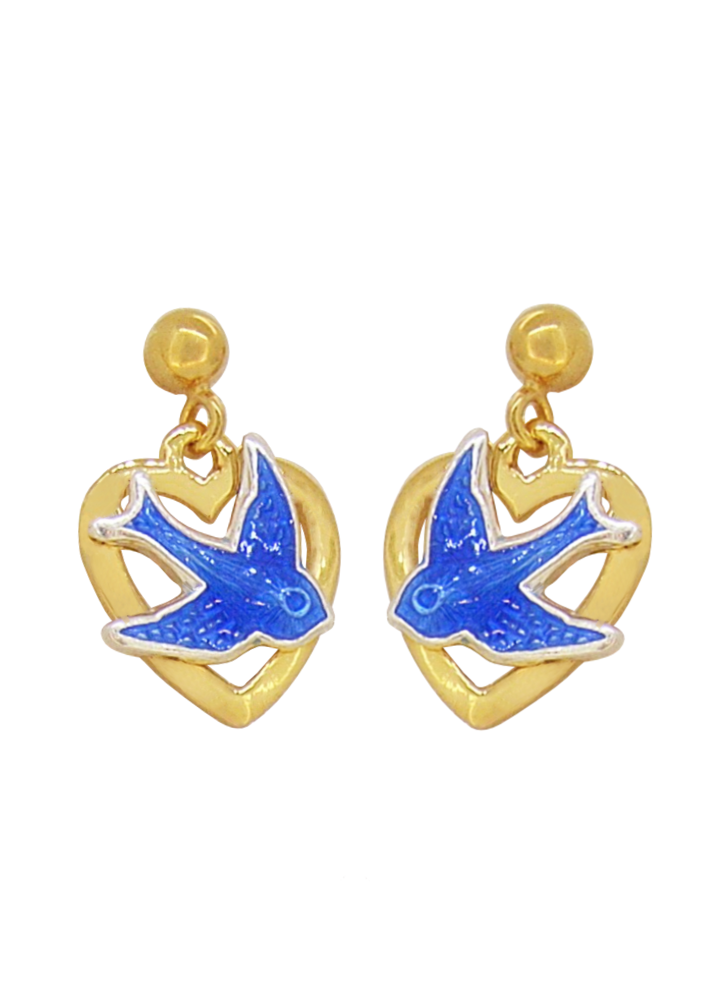 Bluebird of Happiness Open Heart Ball Stud Earrings in 9ct Yellow Gold