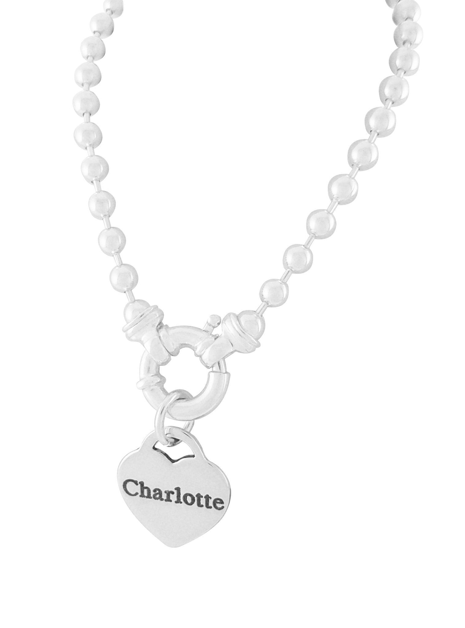 Personalised Heart Tag Pendant on Ball Bead Bolt Ring Necklace Sterling Silver
