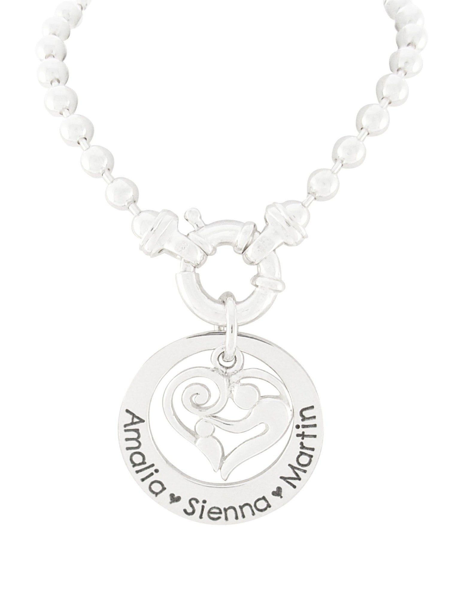 Personalised Mother Baby Heart Ball Bead Bolt Ring Necklace in Sterling Silver