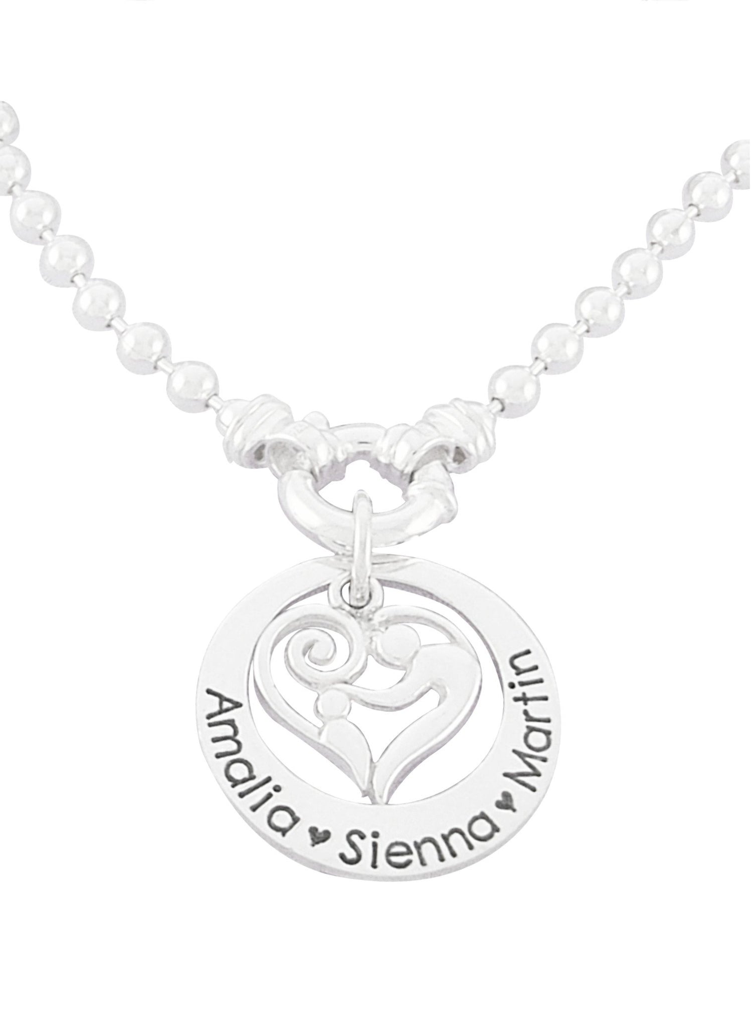 Personalised Mother Baby Heart Ball Bead Bolt Ring Necklace in Sterling Silver