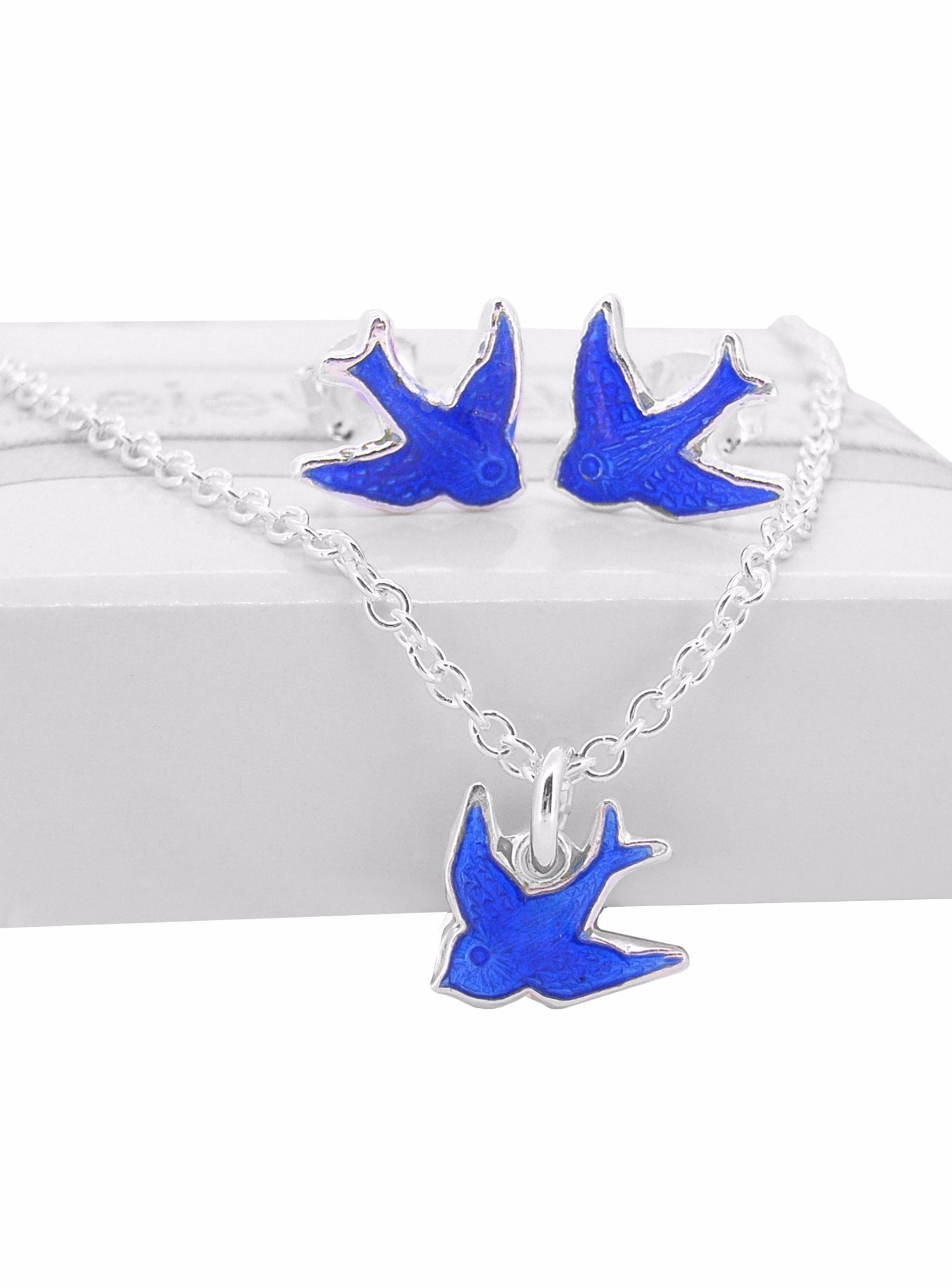 Bluebird of Happiness Charm Necklace and Earrings Set in Sterling Silver