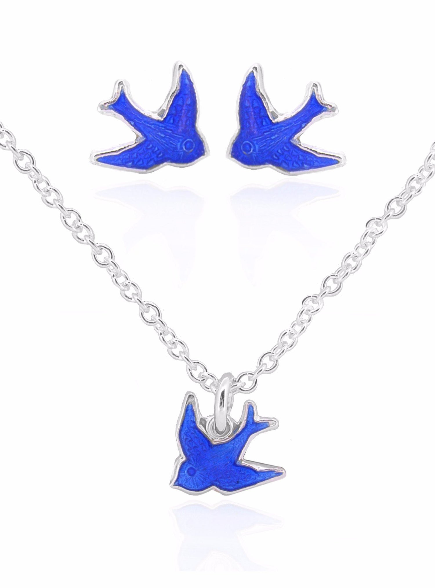 Bluebird of Happiness Charm Necklace and Earrings Set in Sterling Silver