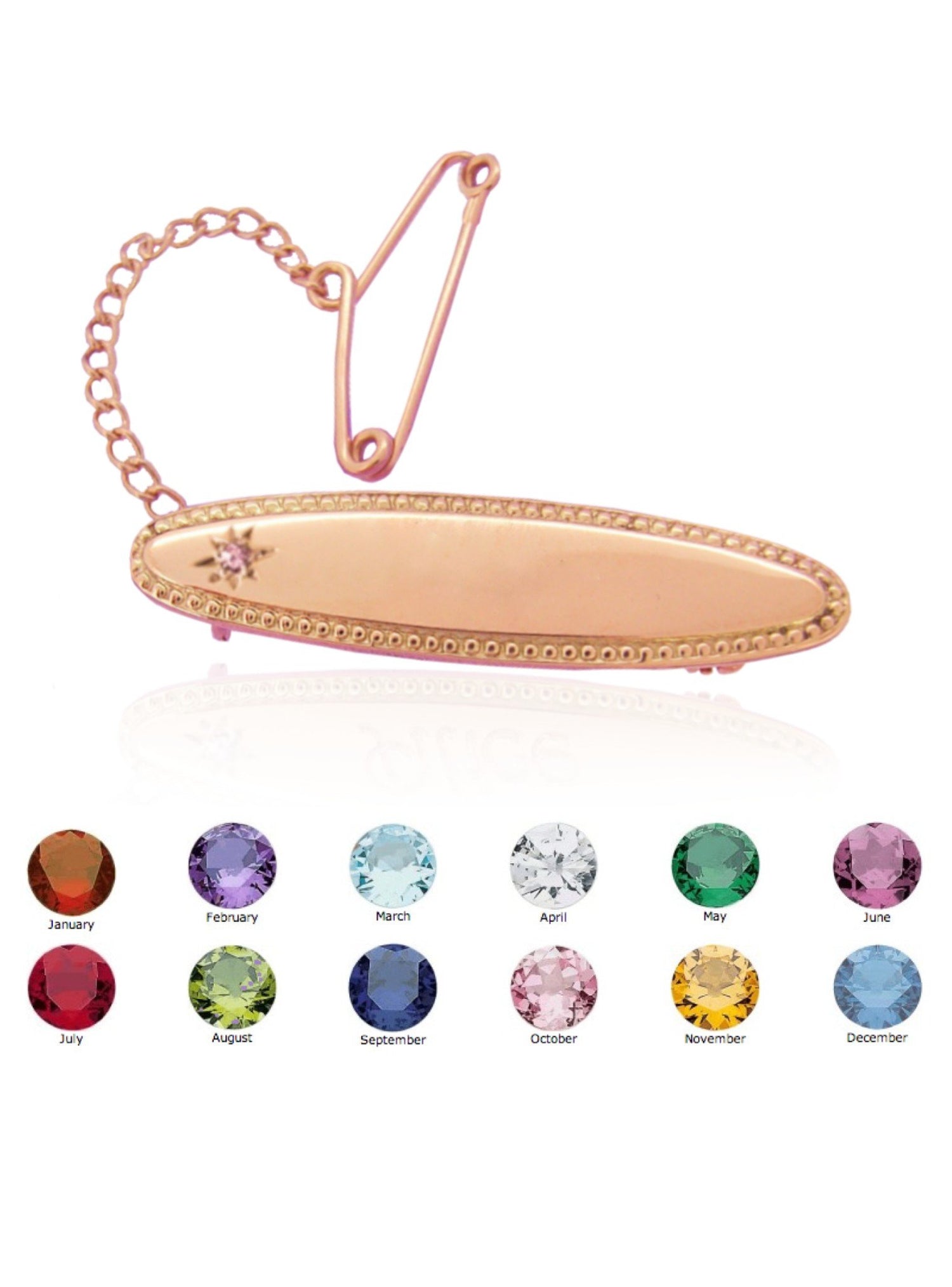 Birthstone Identity Name Baby Brooch in 9ct Rose Gold