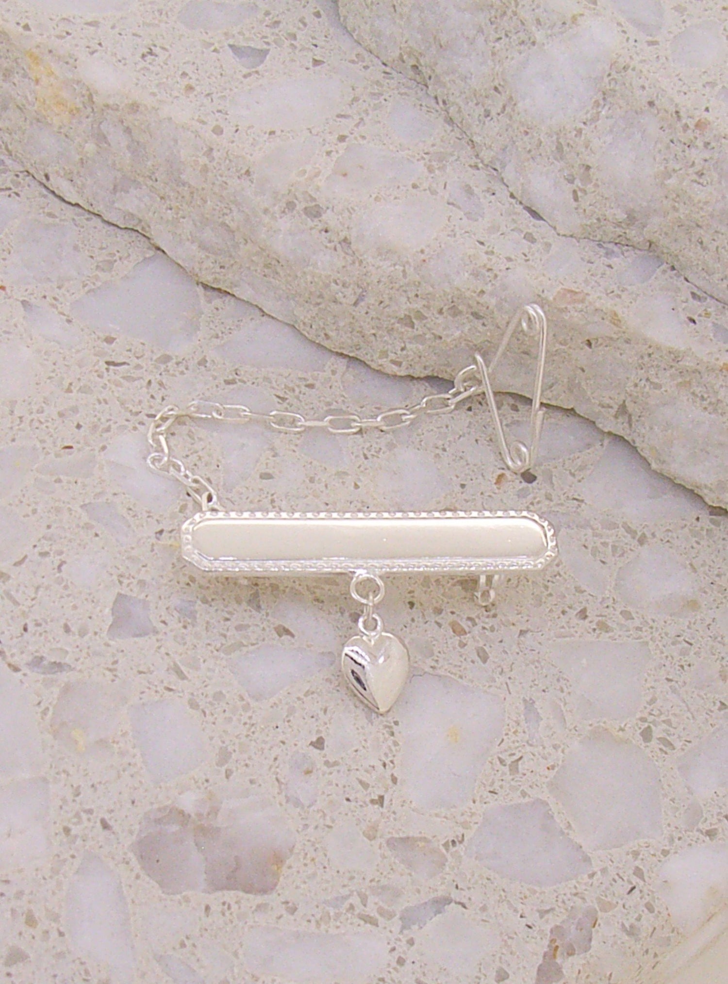 Heart Charm Identity Name Baby Brooch in Sterling Silver