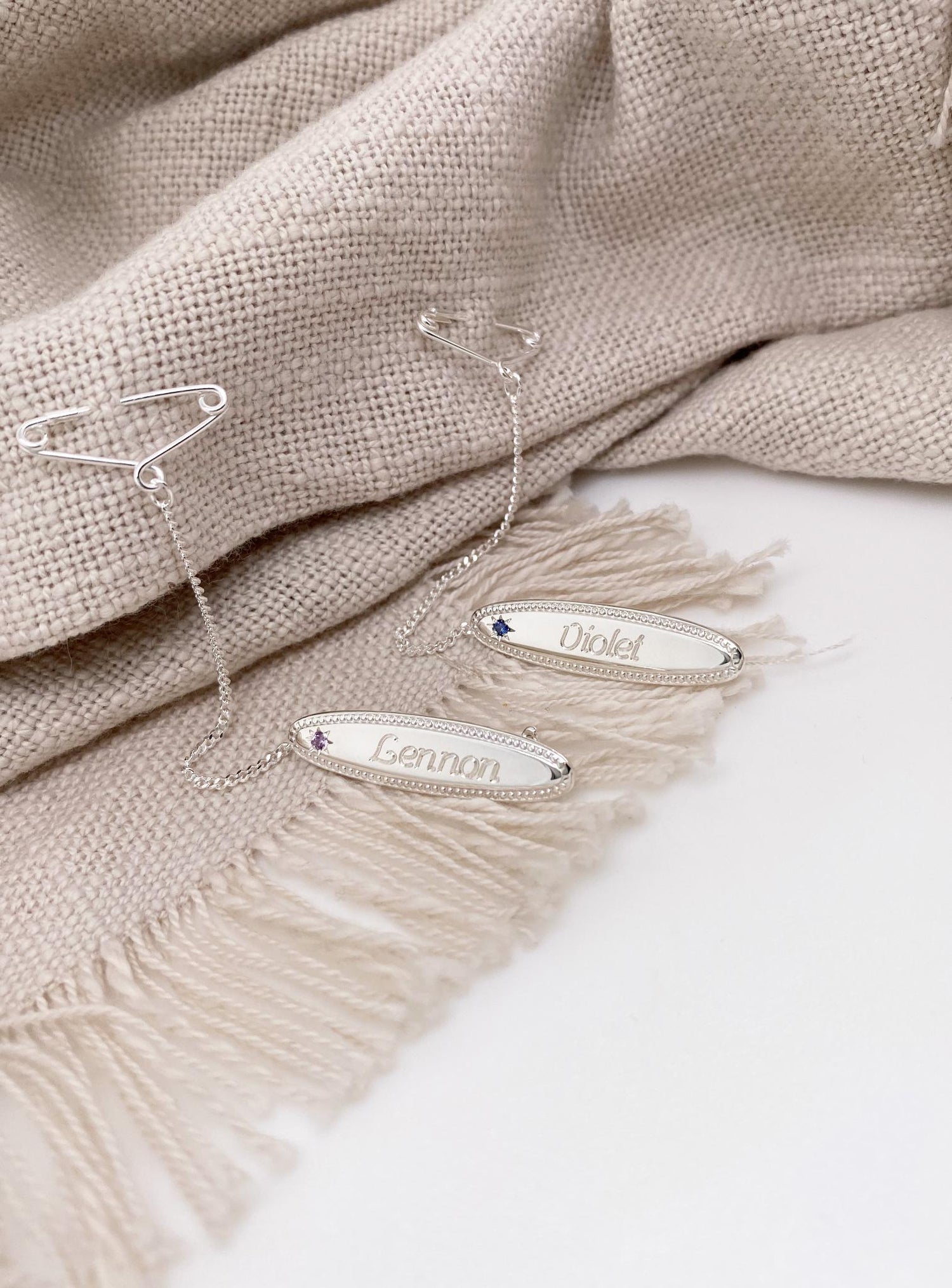 Birthstone Identity Name Baby Brooch in Sterling Silver
