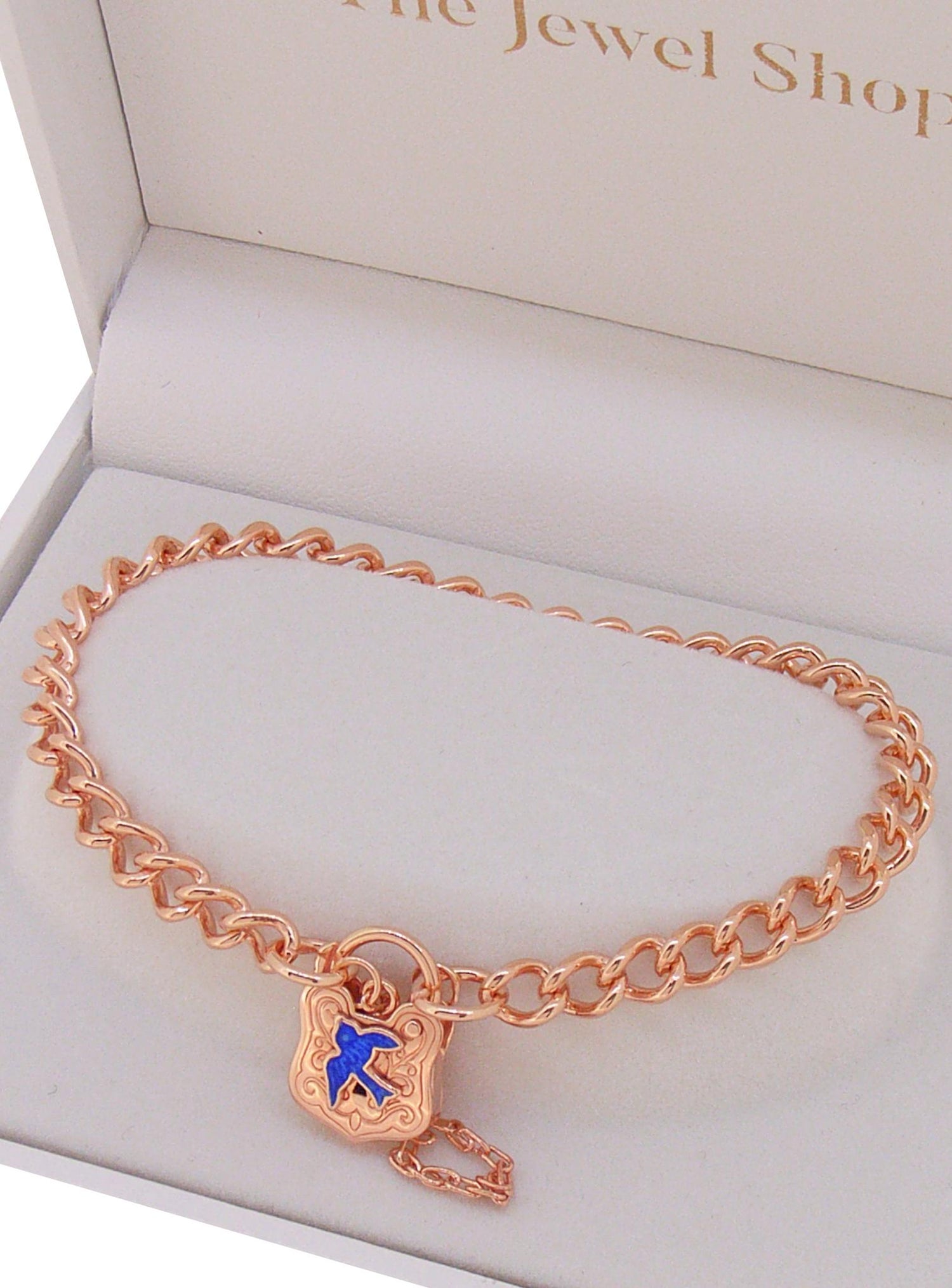 Bluebird Charm Shield Padlock Bracelet in Rose