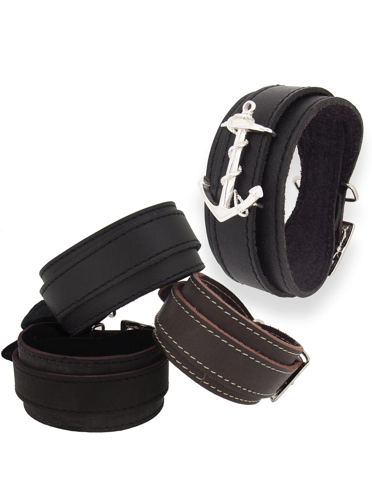 Large Unisex Anchor Leather Cuff Bracelet in Sterling Silver