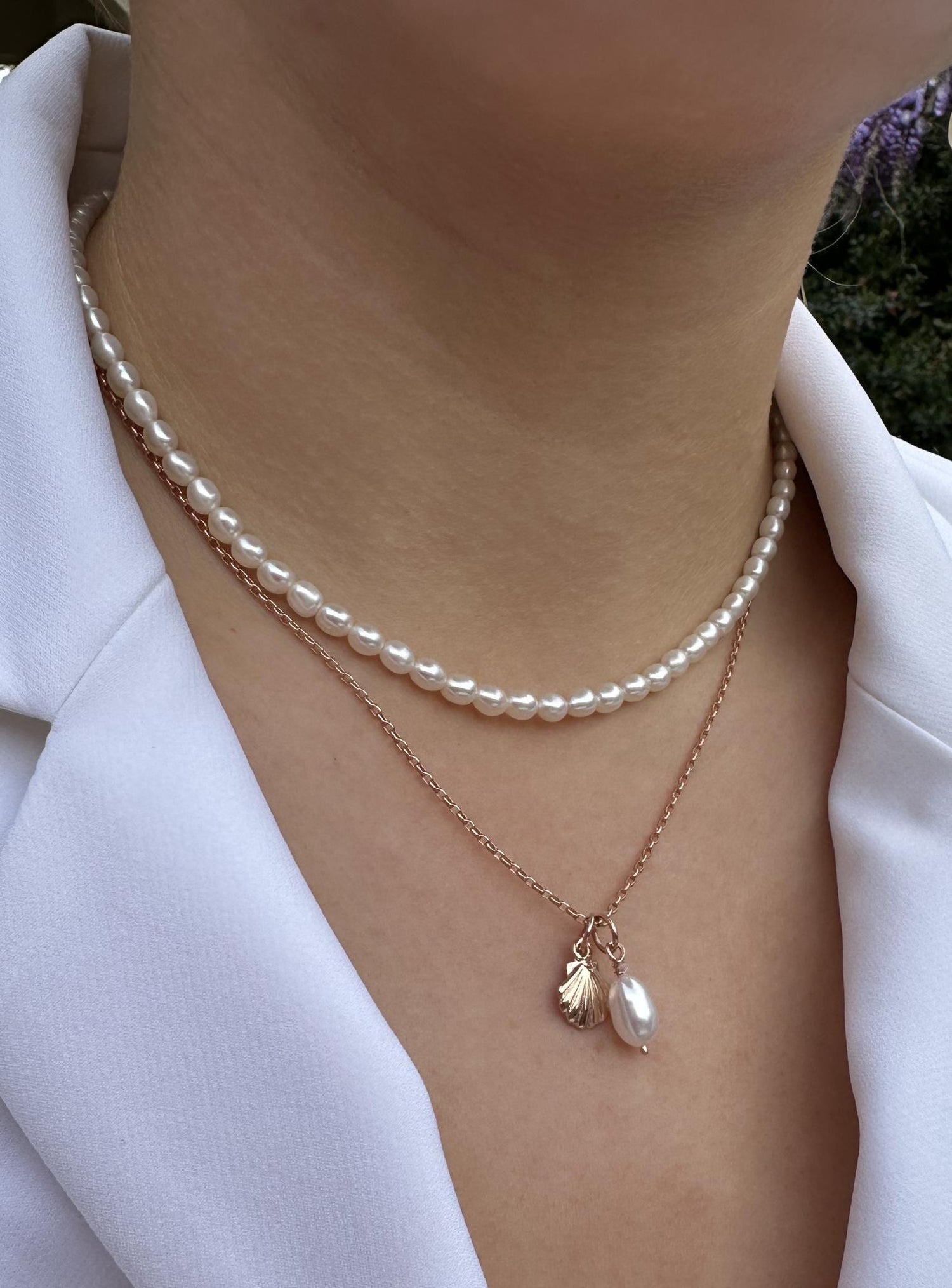 Coco Shoreline Seashell Pearl Charm Necklace in 9ct Rose Gold
