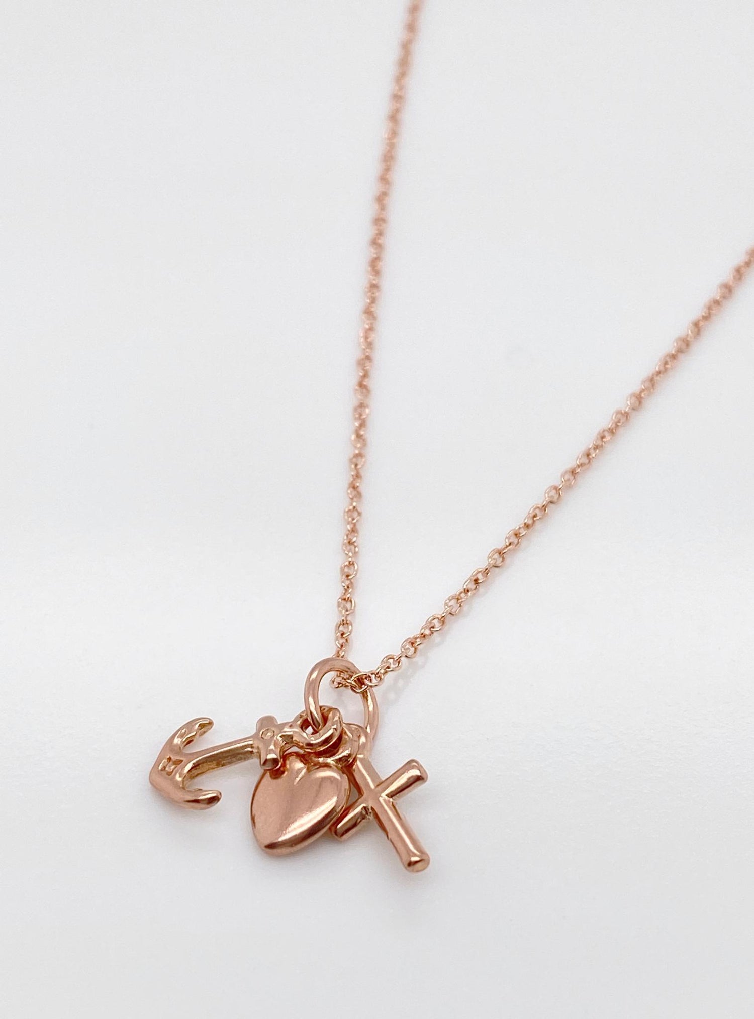 Small Faith Hope Charity Charm Necklace in 9ct Rose Gold