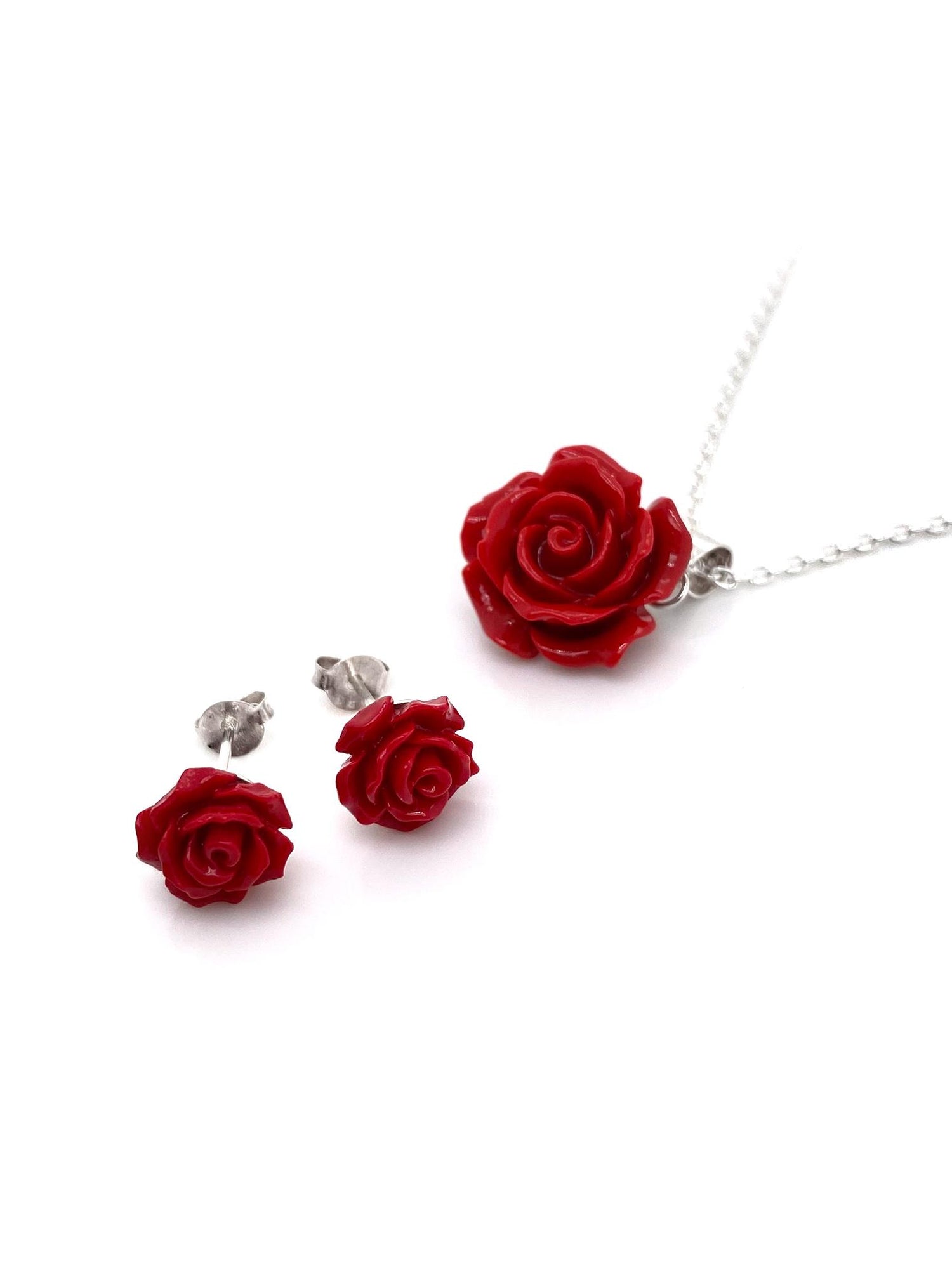 Red Rose Flower Stud Earrings and Necklace