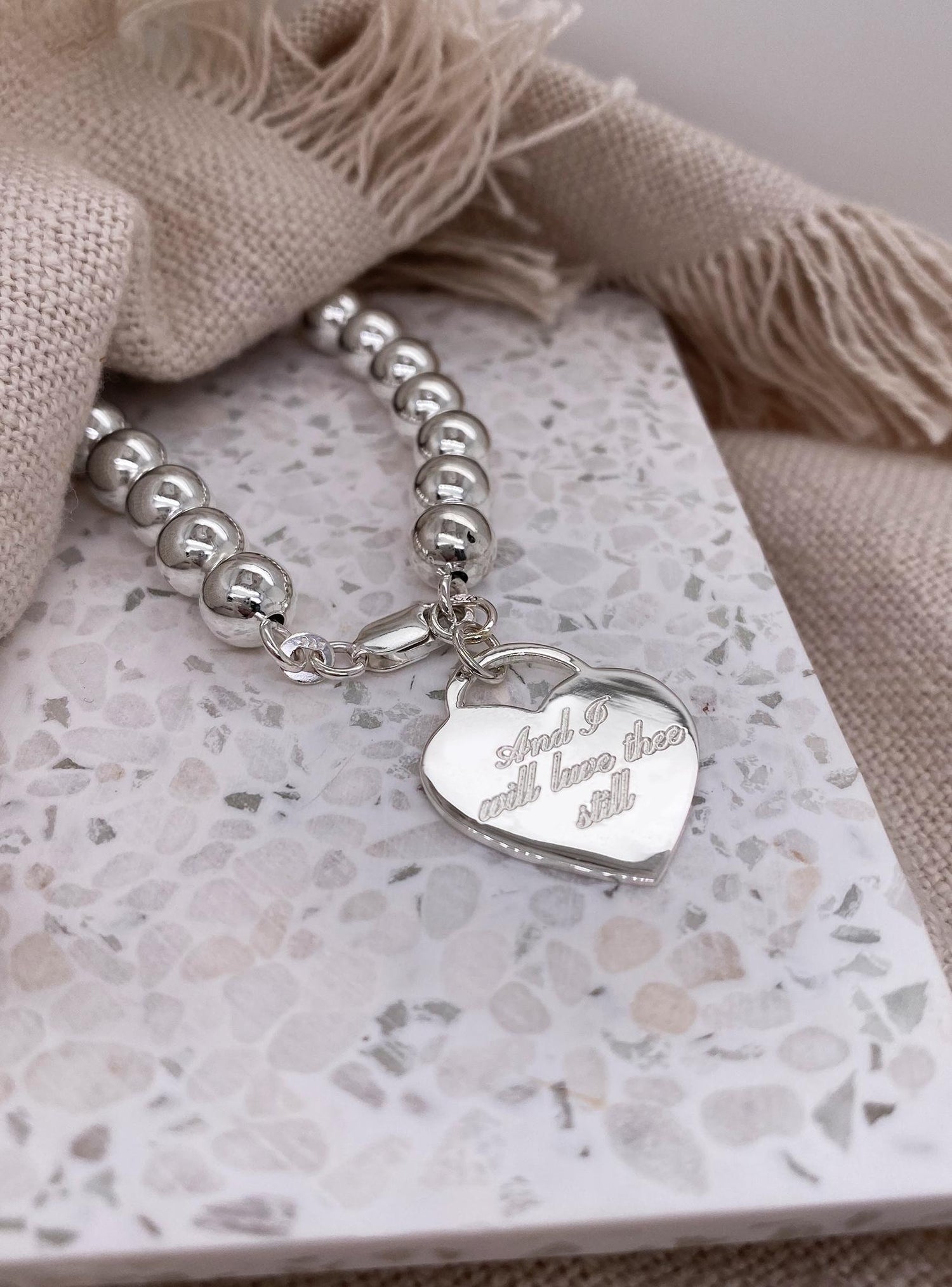 Personalised Heart 8mm Ball Bead Bracelet in Sterling Silver