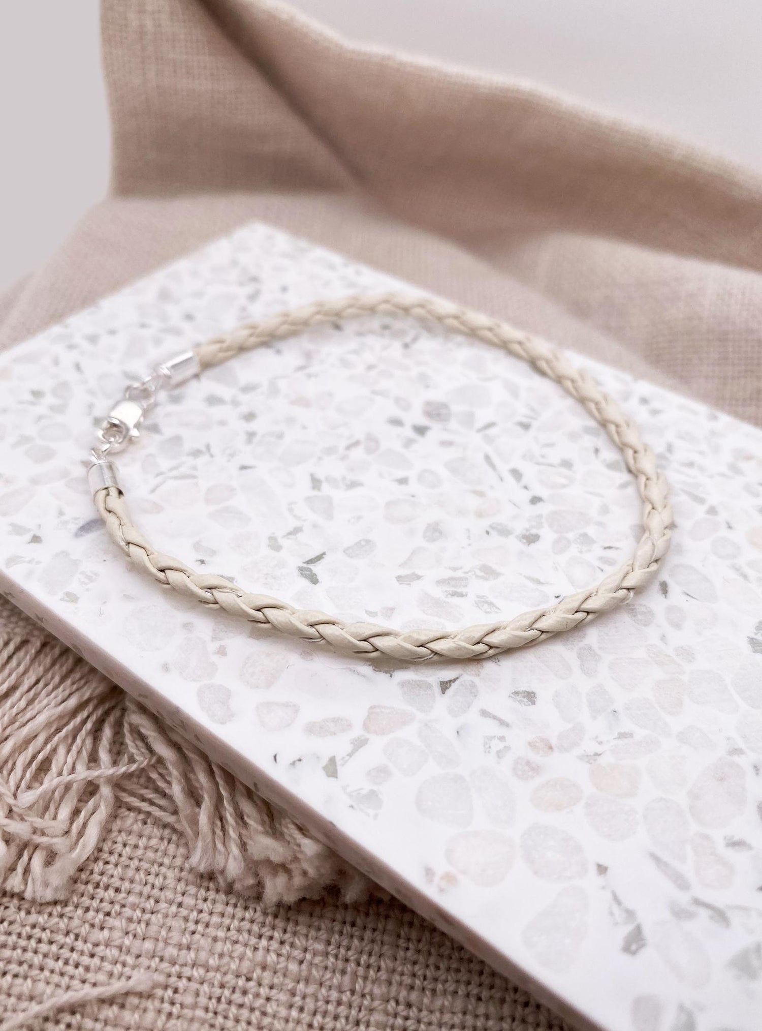 Sterling Silver White Leather Unisex Bracelet