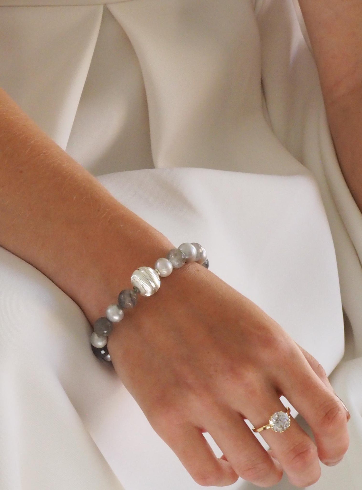 Coco Large Grey Pearl and Quartz Bracelet in Sterling Silver