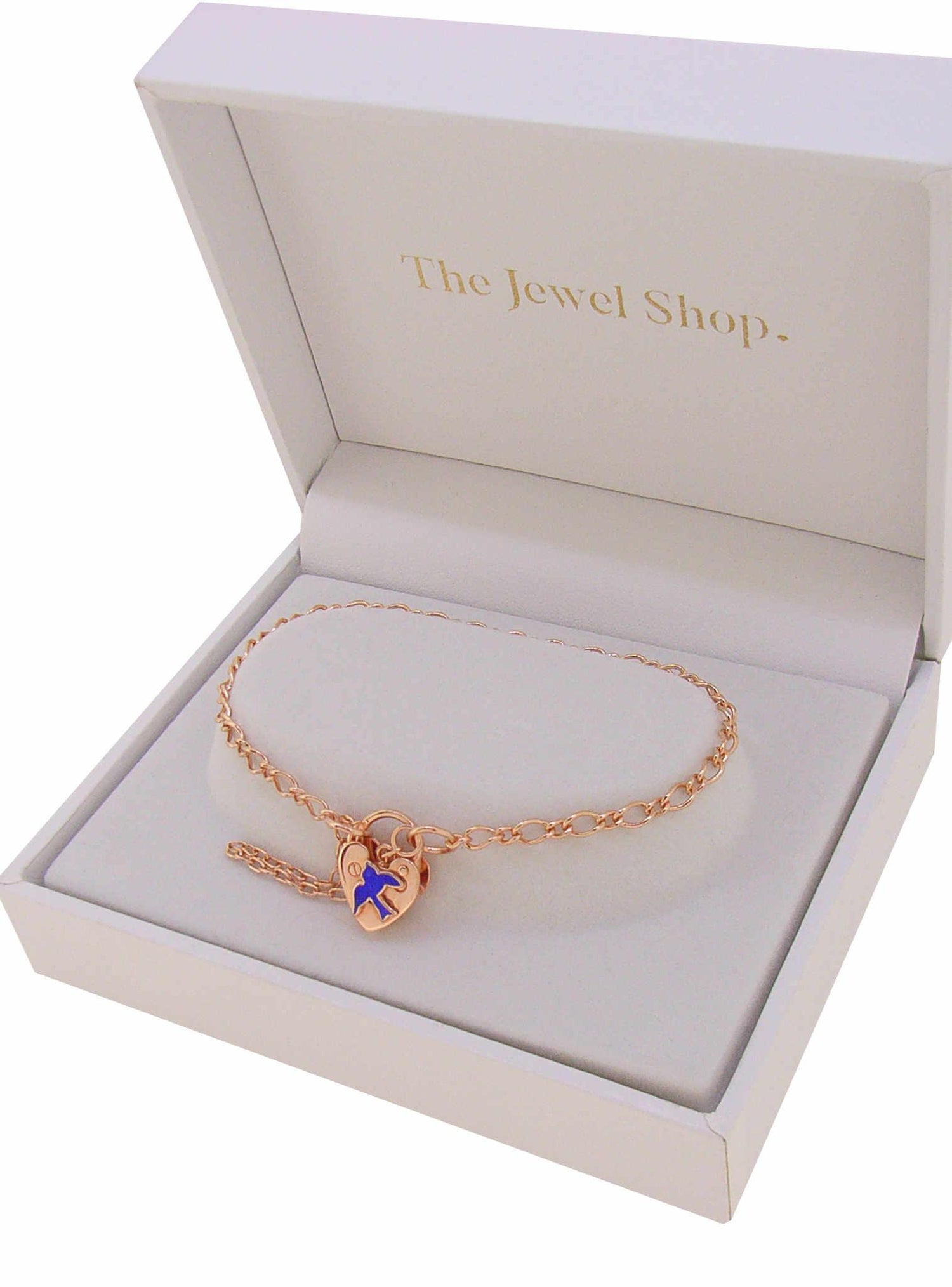 Bluebird Figaro Padlock Charm Bracelet in 9ct Rose Gold