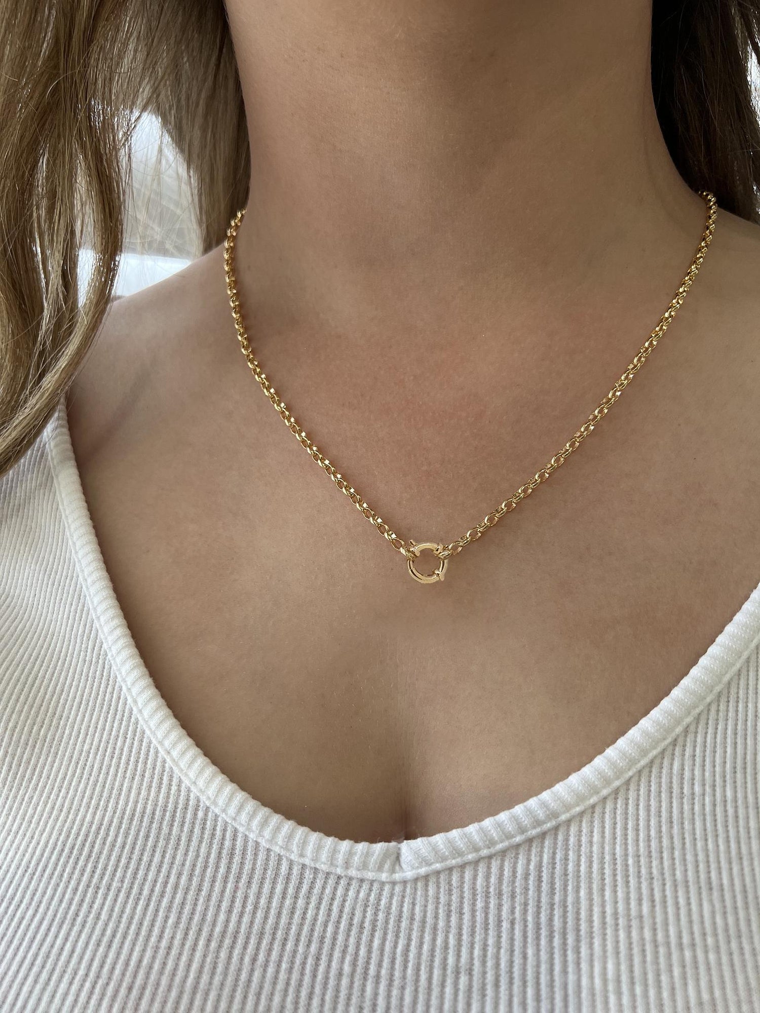 Solid Oval Belcher Bolt Ring Necklace Chain in 9ct Gold