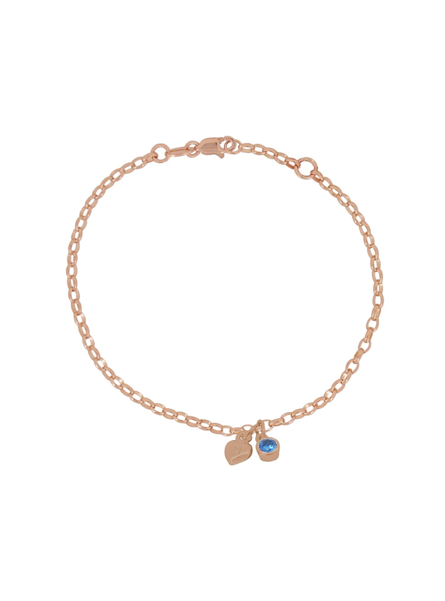 Personalised Birthstone Belcher Heart Charm Bracelet in 9ct Rose Gold