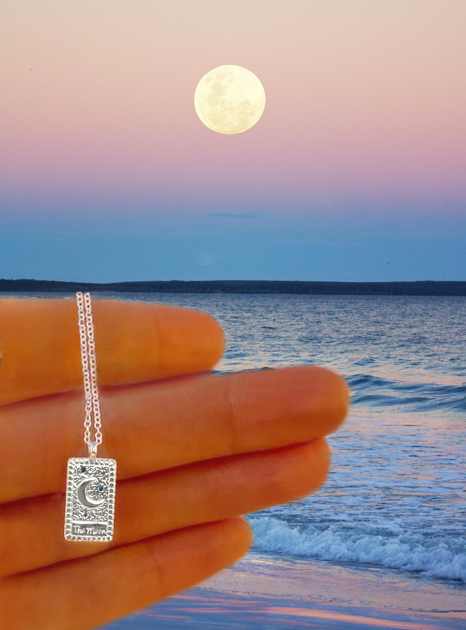Tarot Card Charm Tag Necklace in Crescent Moon