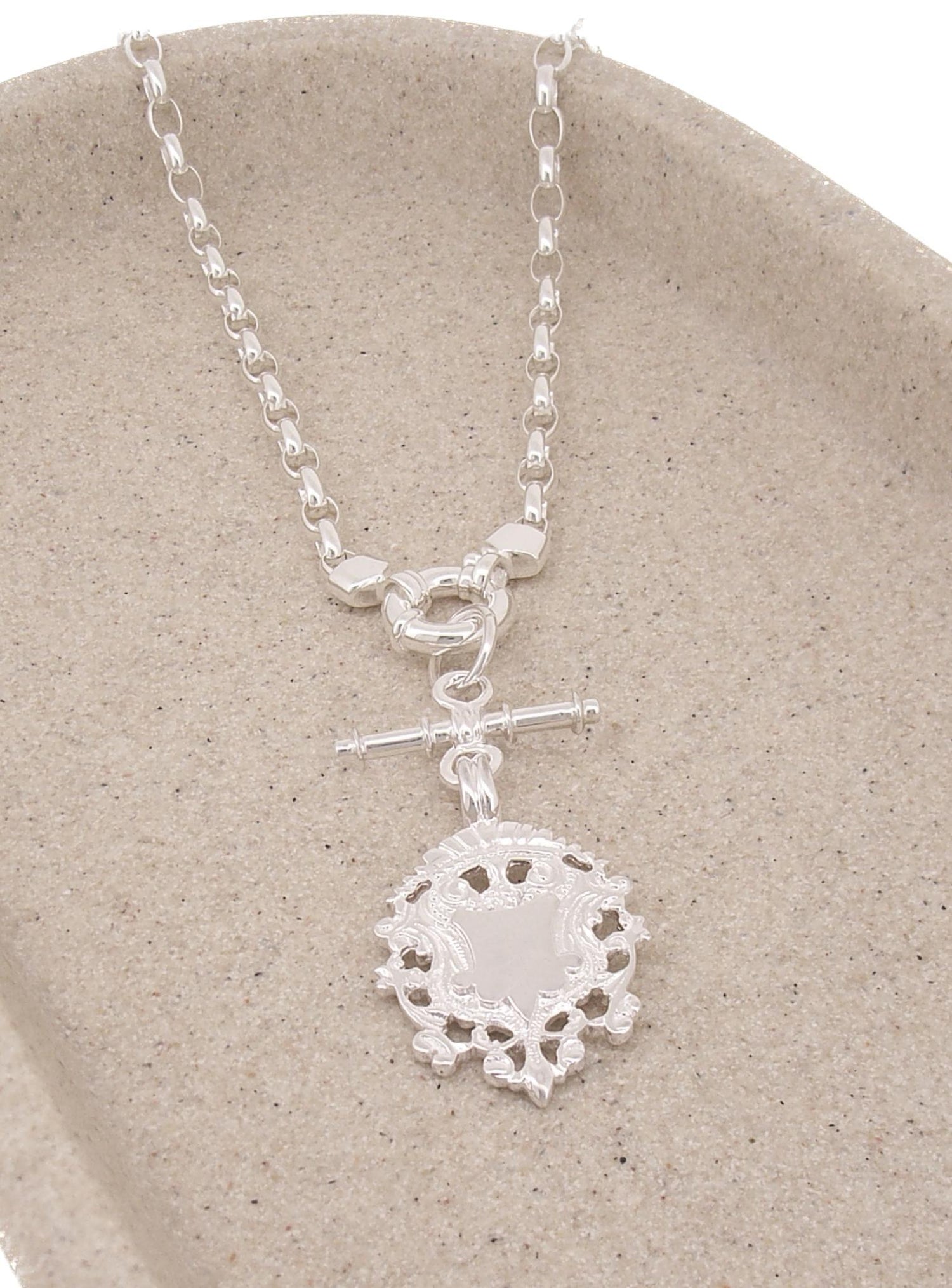 Unisex Tbar Fob Belcher Chain Shield Necklace in Sterling Silver