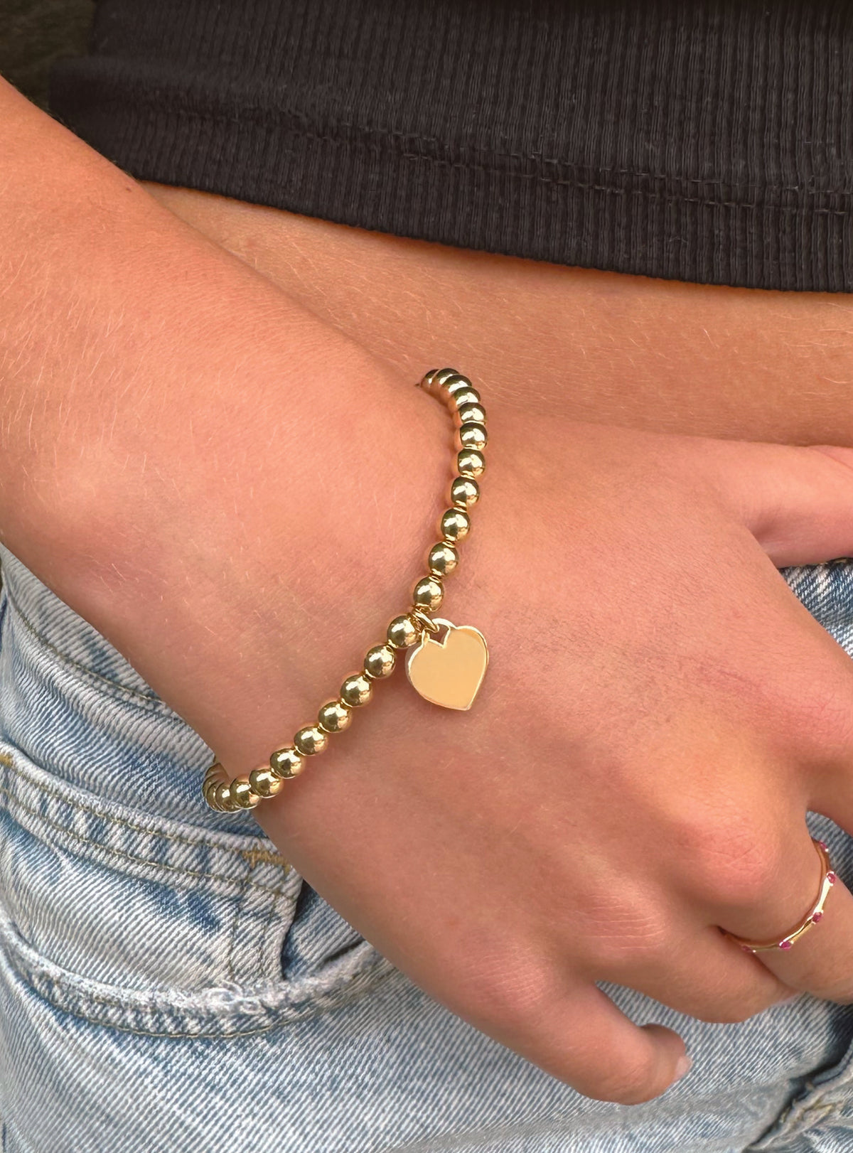 Spherical Love Hearrt Tag Ball Bead Bracelet in 14k Rolled Gold