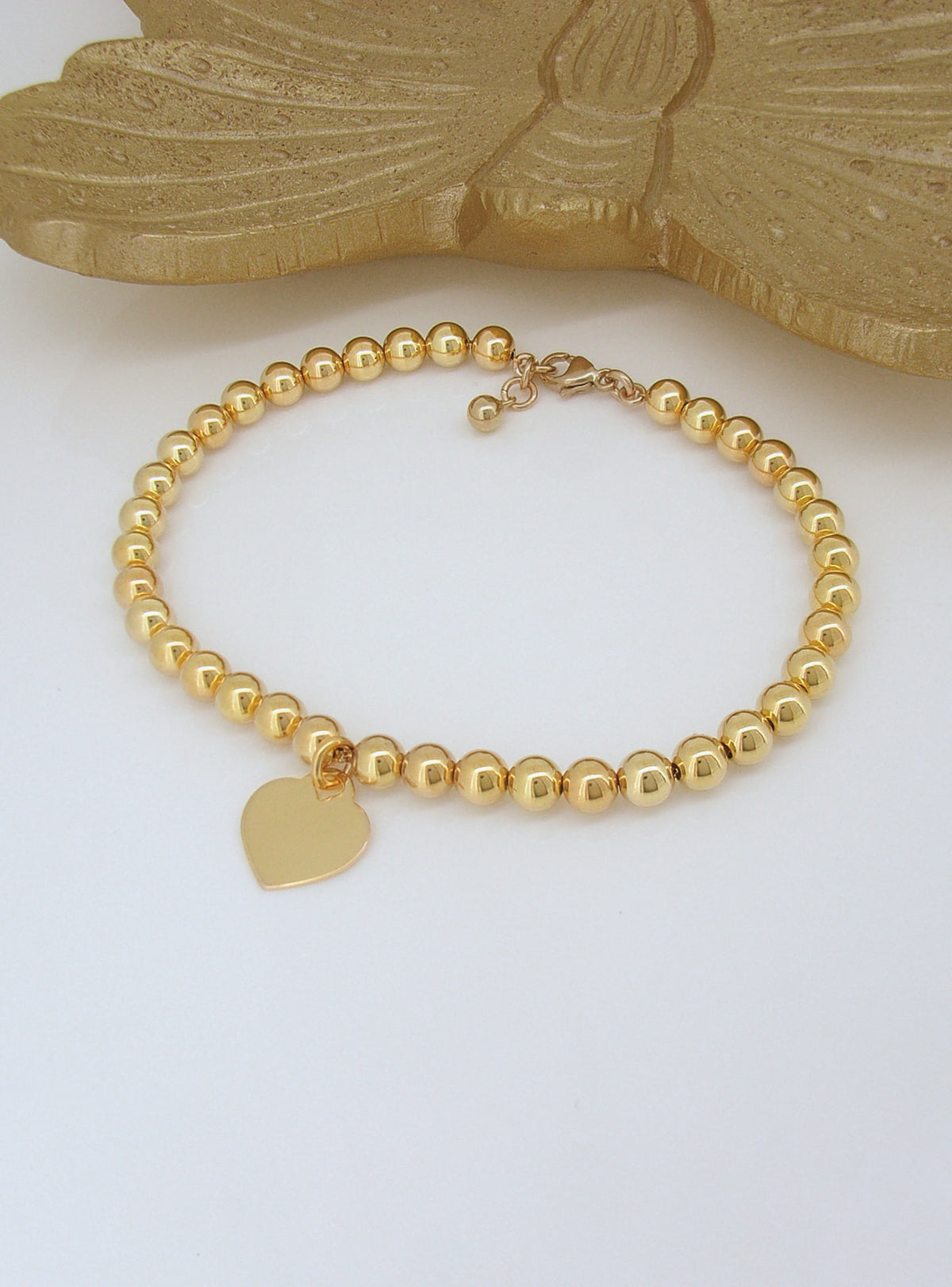 Spherical Love Hearrt Tag Ball Bead Bracelet in 14k Rolled Gold