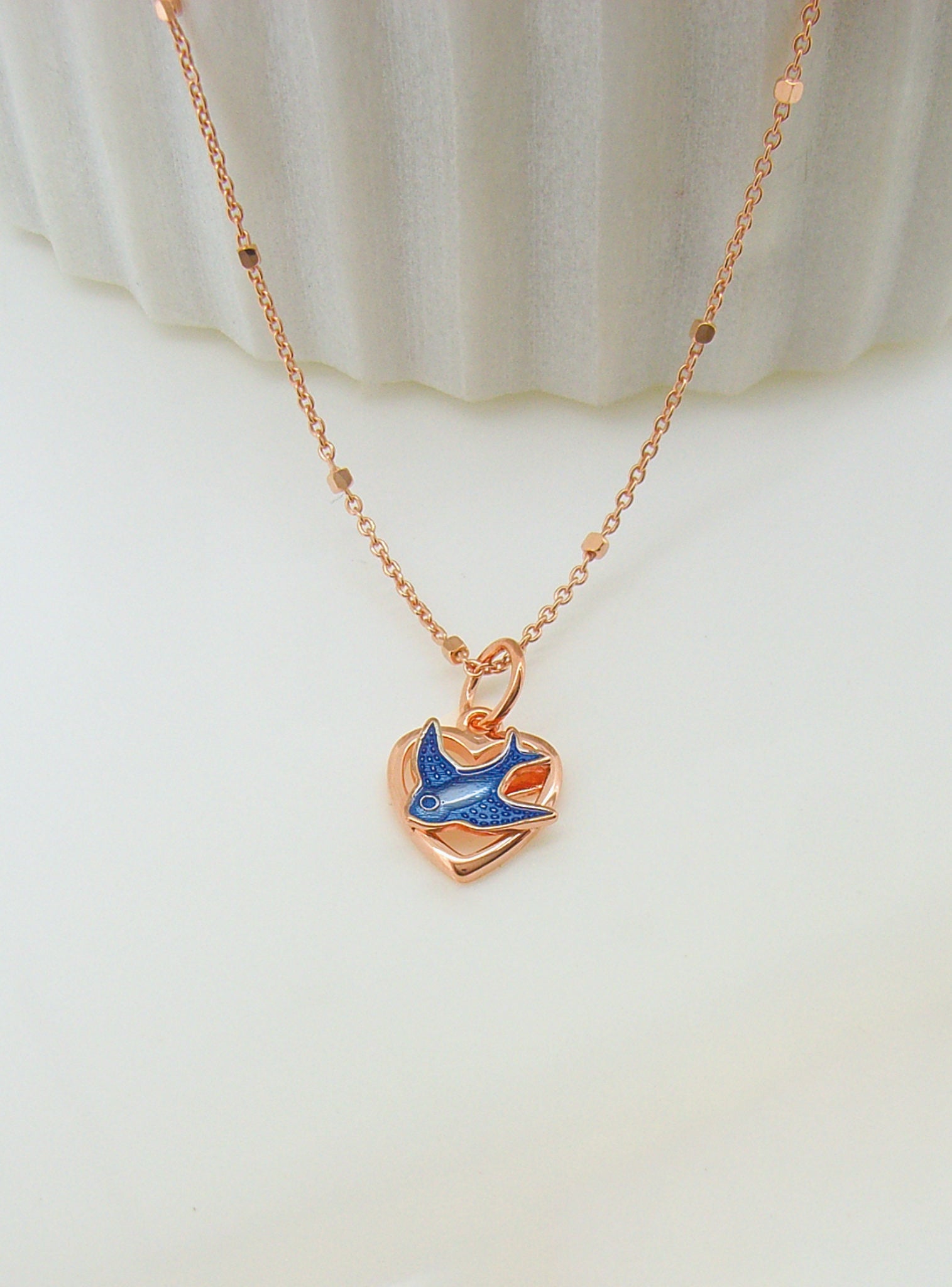 Bluebird Love Heart Charm Pendant in 9ct Rose Gold
