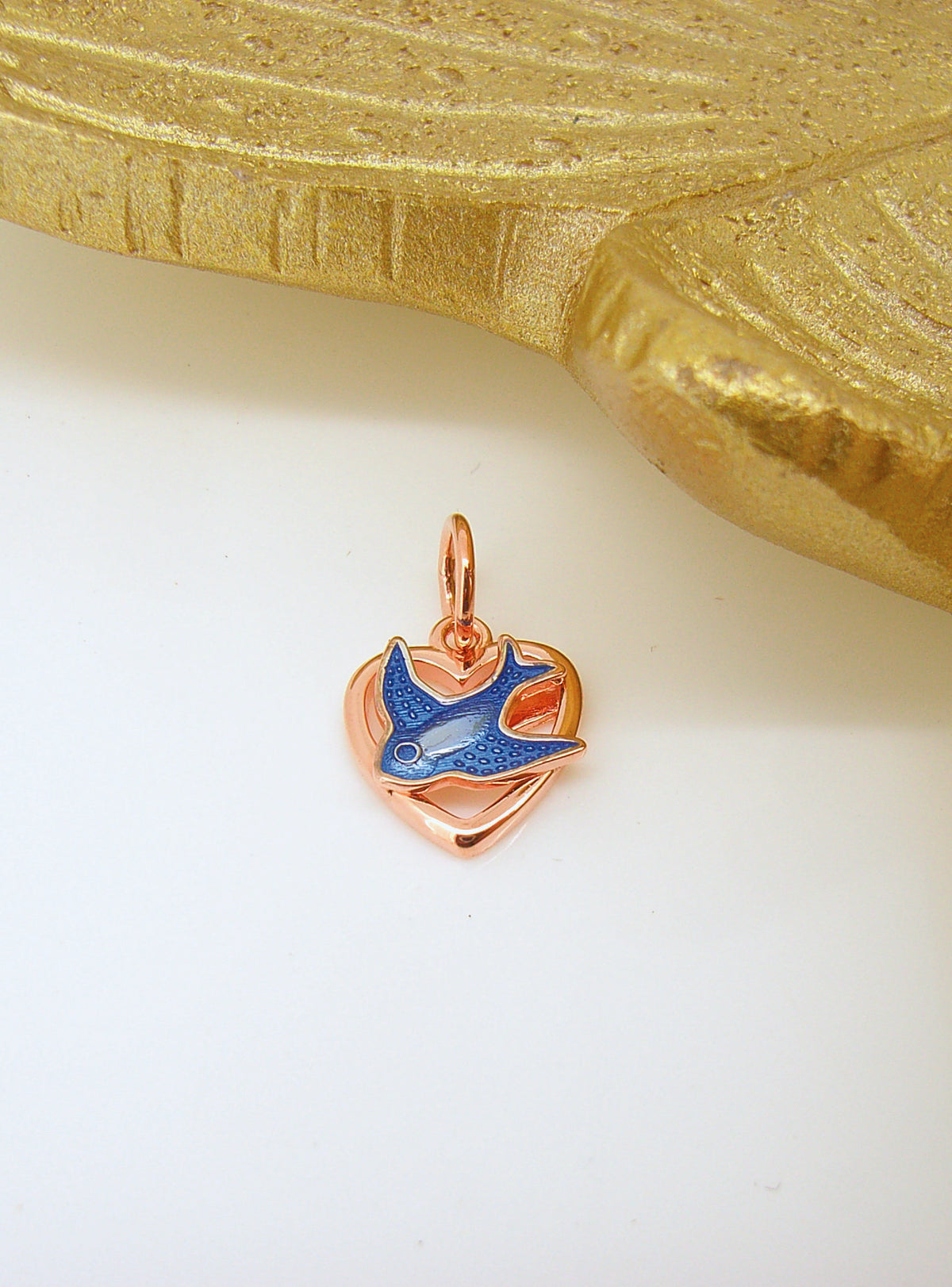 Bluebird Love Heart Charm Pendant in 9ct Rose Gold