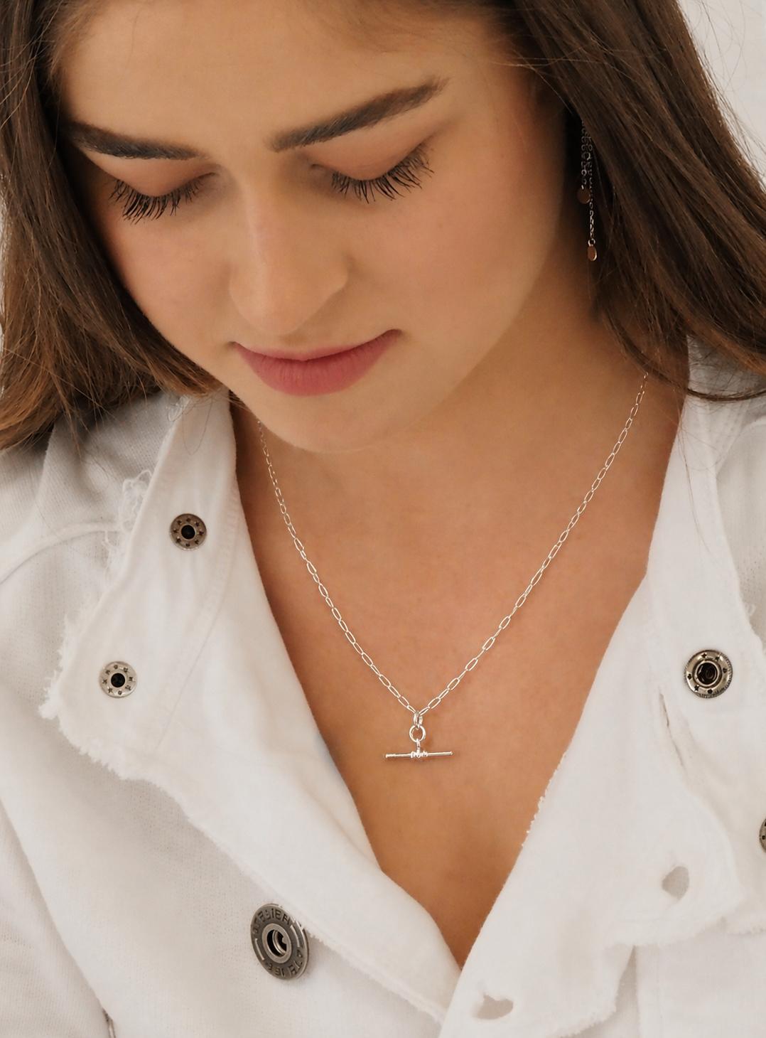 Aurelia Paperclip T Bar Fob Necklace Chain in Sterling Silver