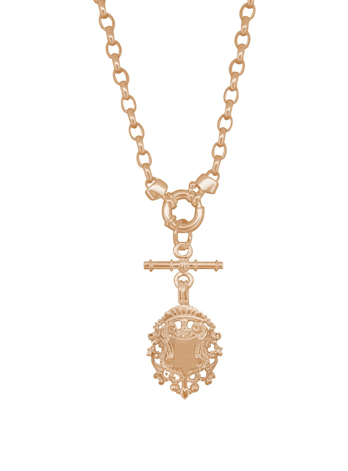 Unisex Tbar Fob Belcher Chain Shield Necklace in Solid 9ct Rose Gold