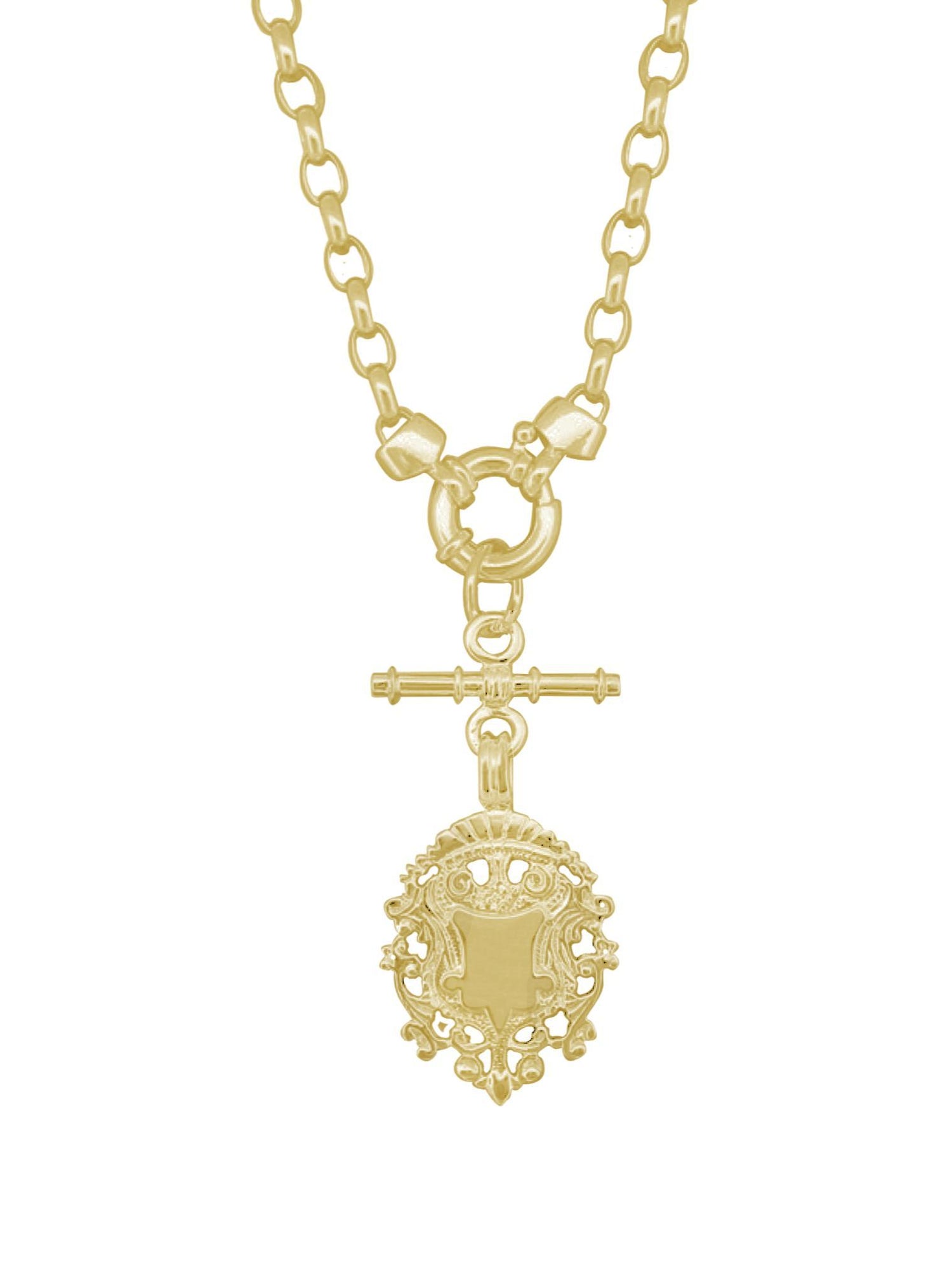 Unisex Tbar Fob Belcher Chain Shield Necklace in Solid 9ct Gold