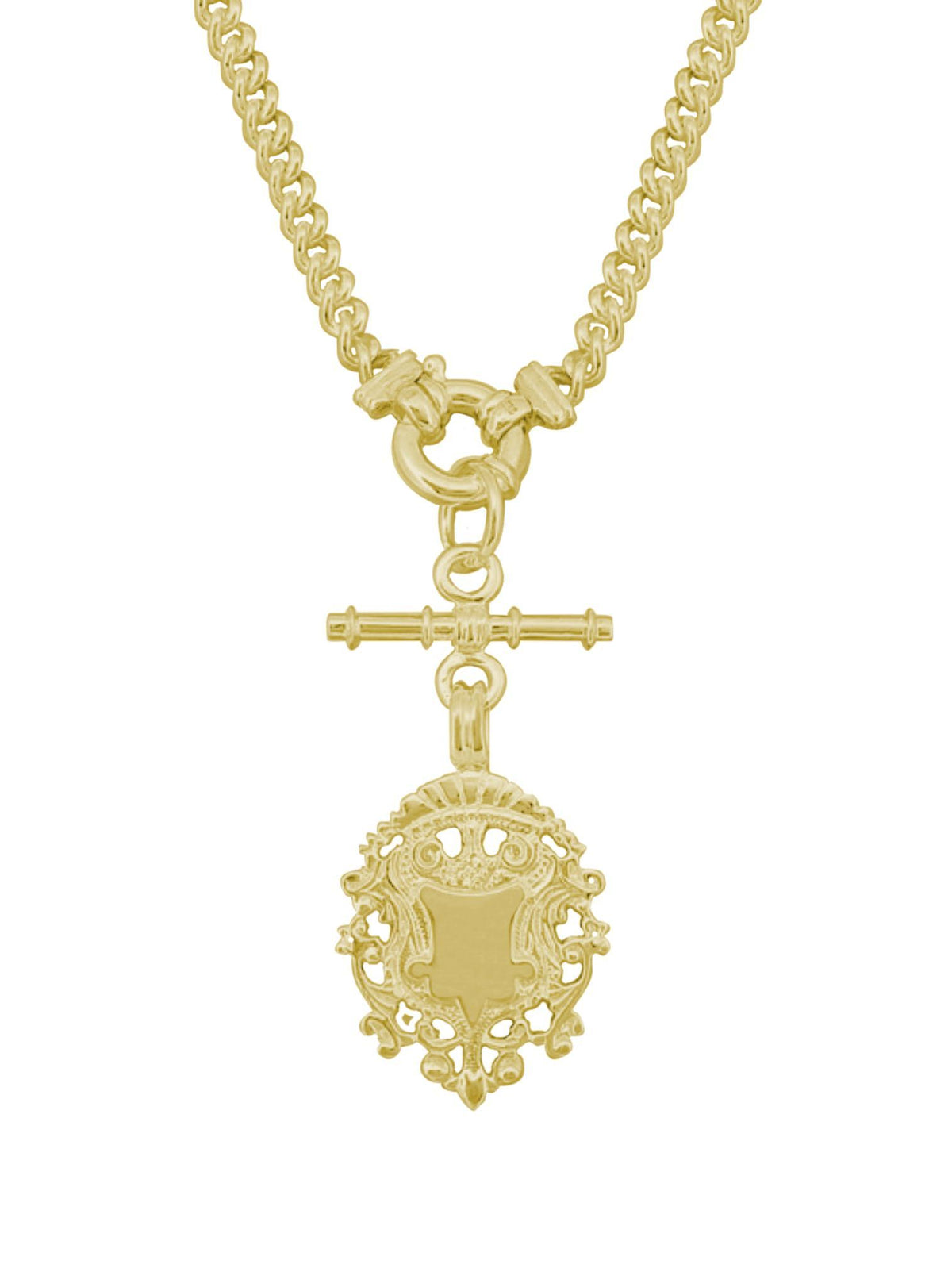 Unisex Tbar Fob Curb Chain Shield Necklace in Solid 9ct Gold