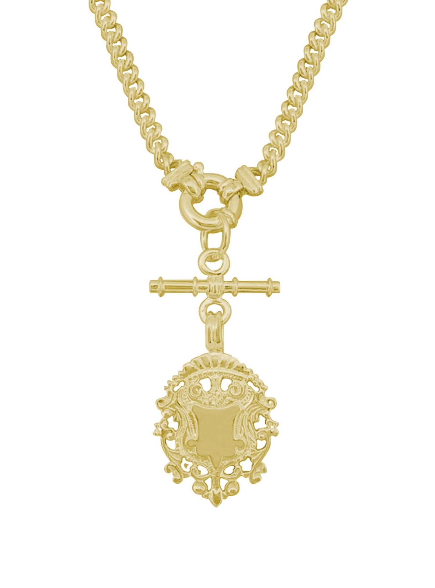 Unisex Tbar Fob Curb Chain Shield Necklace in Solid 9ct Gold