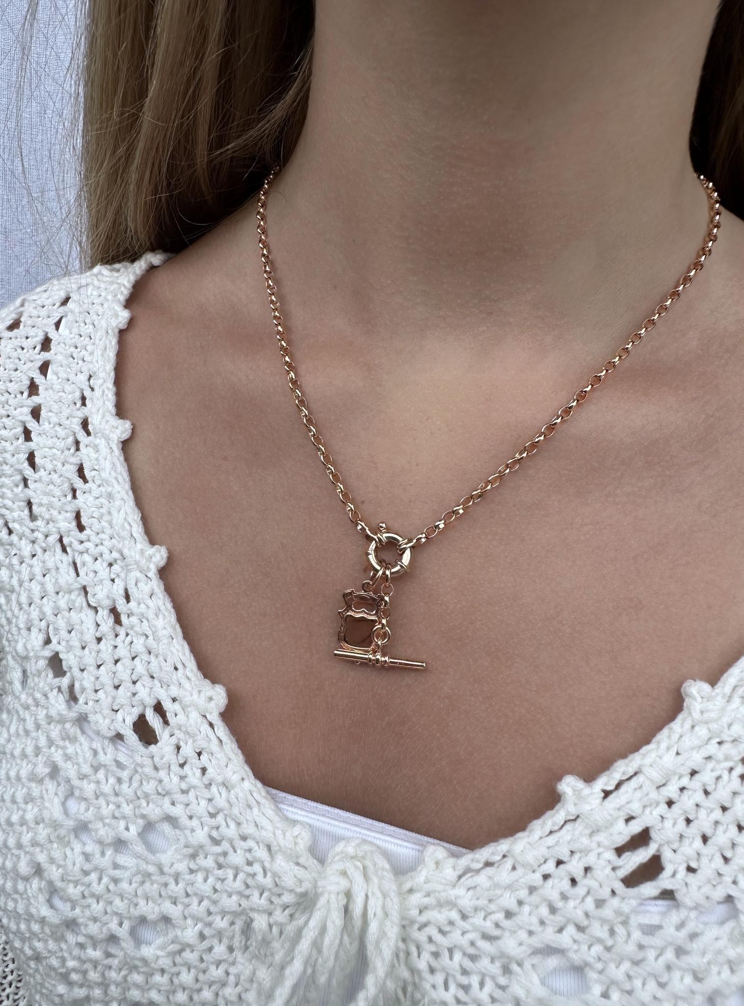 Shield Belcher Bolt Ring TBar Fob Necklace Chain in 9ct Rose Gold