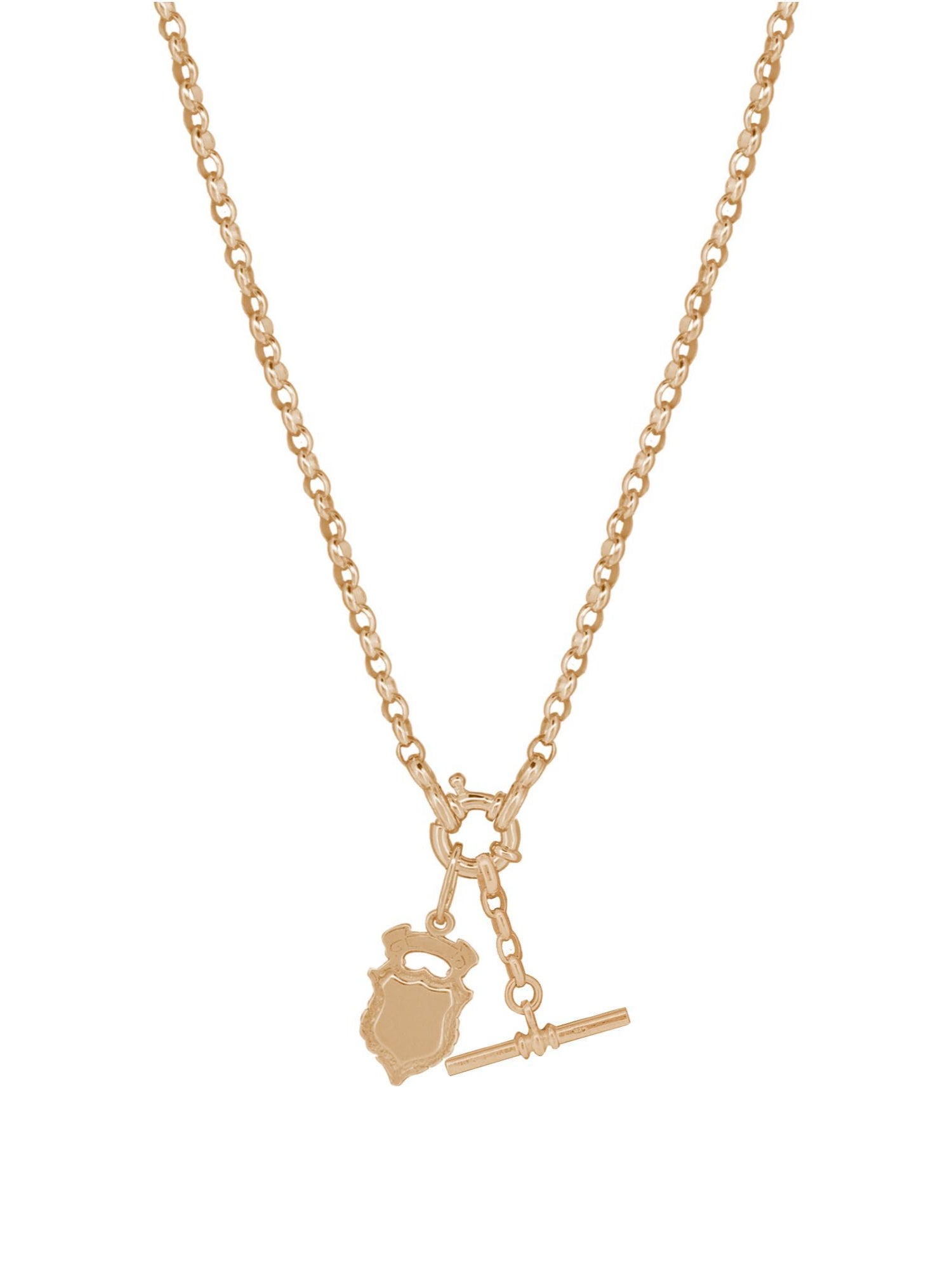 Shield Belcher Bolt Ring TBar Fob Necklace Chain in 9ct Rose Gold