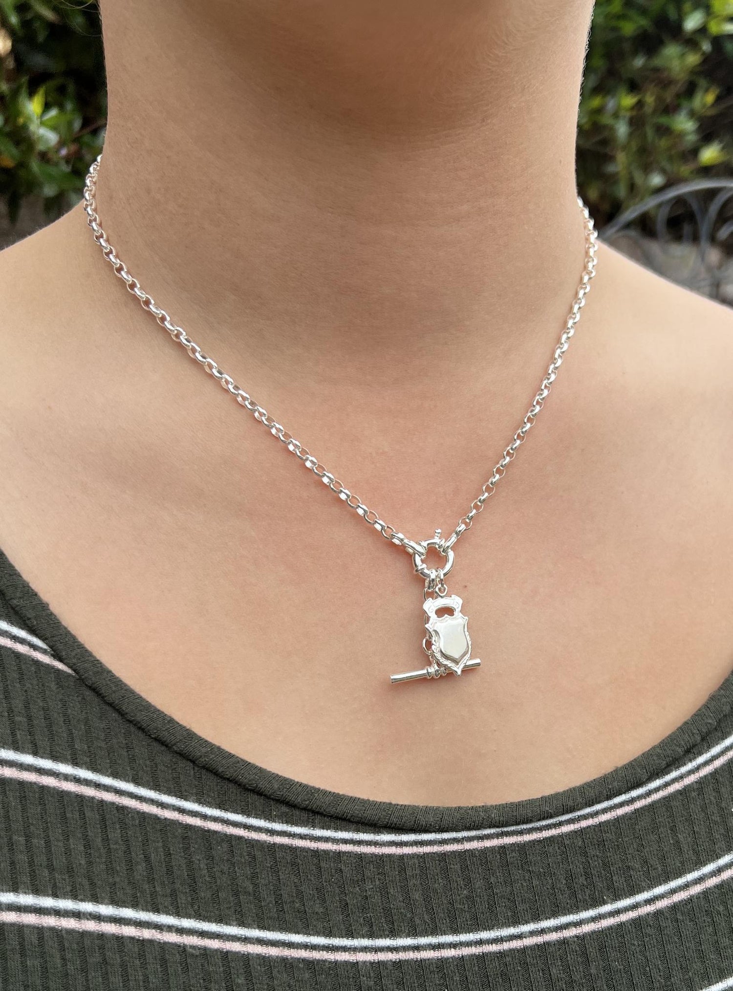 Shield Belcher Bolt Ring TBar Fob Necklace Chain in Silver