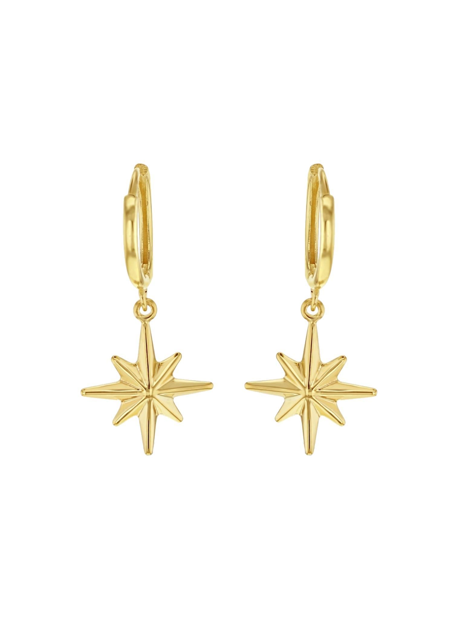 North Star Charm Huggie Hoop Earrings in 9ct Gold