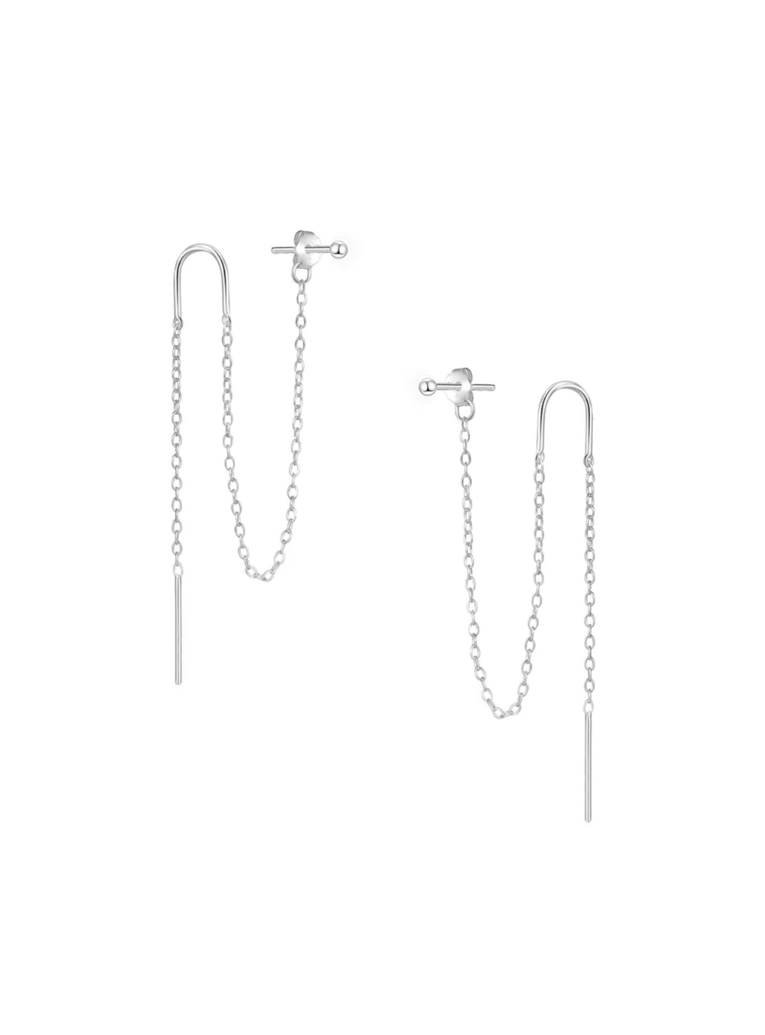 Double Ball Stud and Chain Thread Earrings in Sterling Silver