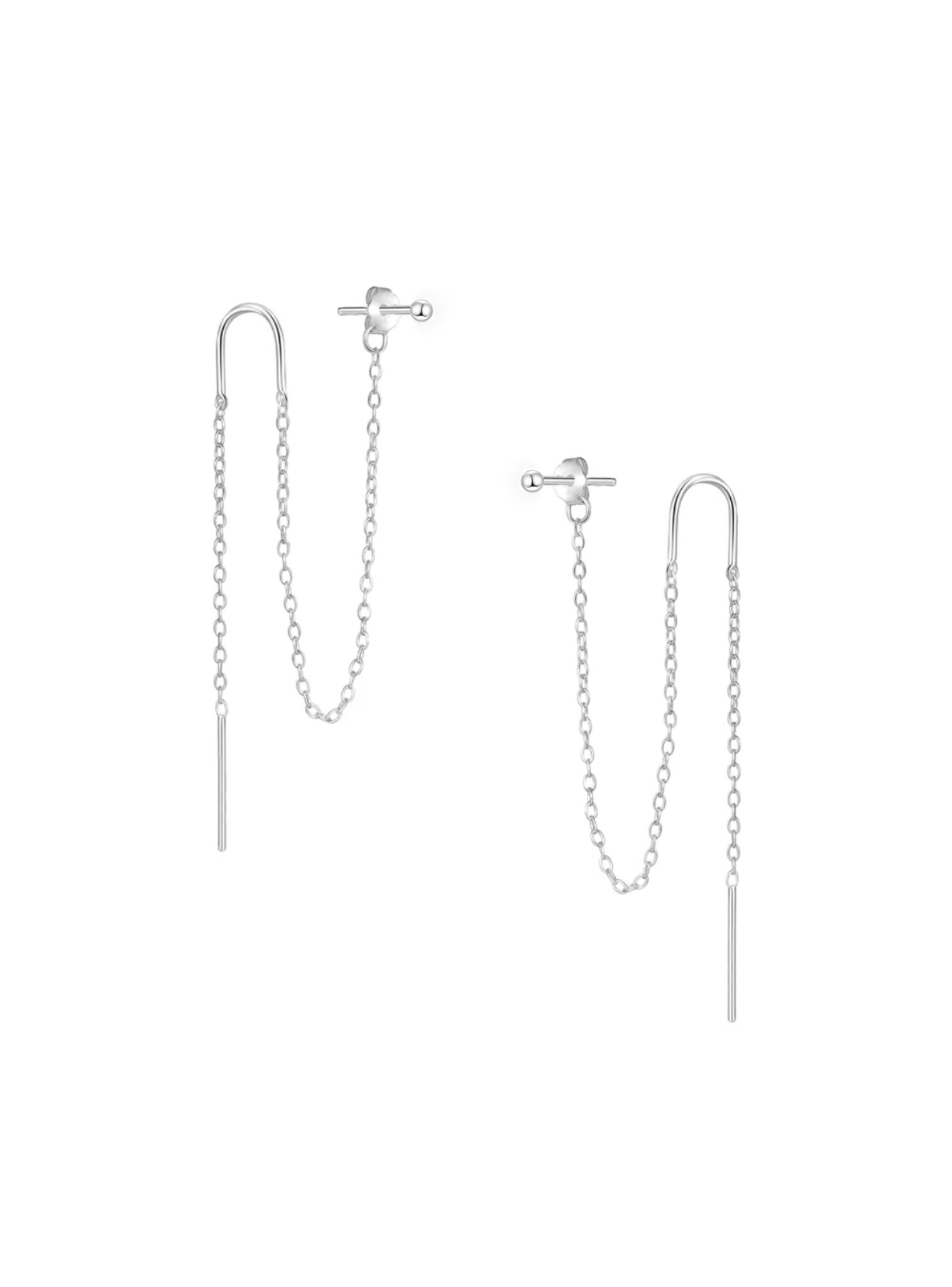 Double Ball Stud and Chain Thread Earrings in Sterling Silver