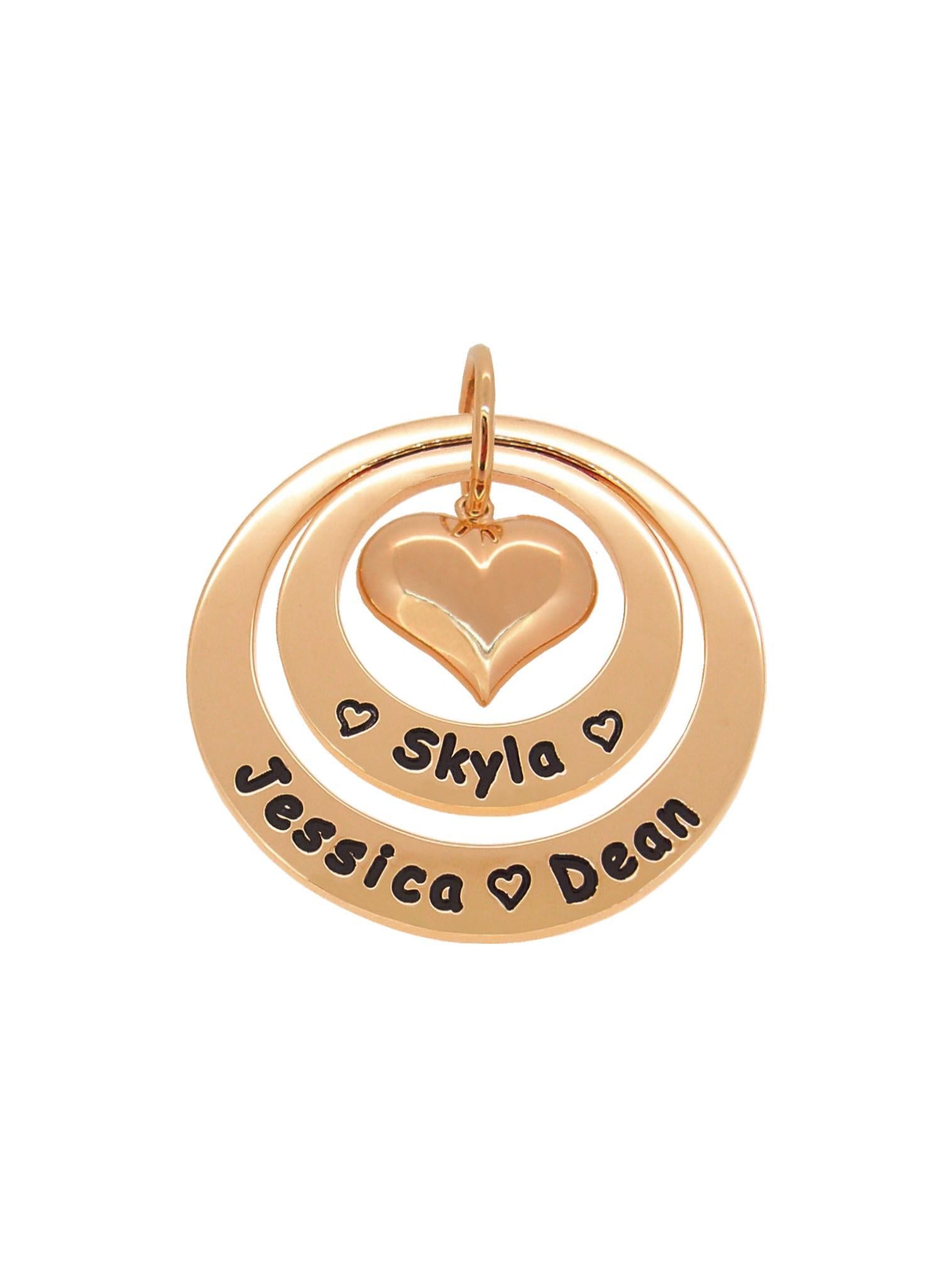 Personalised Family Name Circle Heart Charm Pendant in 9ct Rose Gold