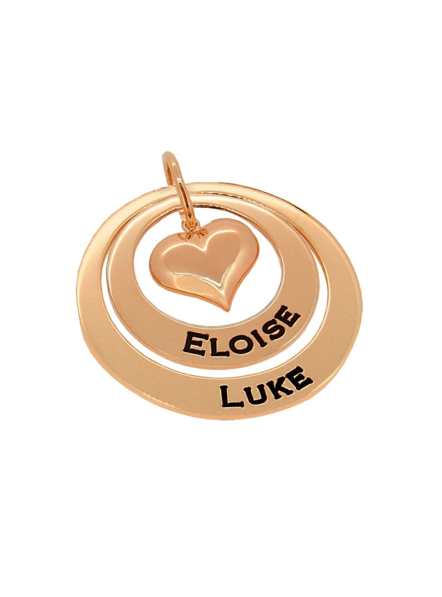 Personalised Family Name Circle Heart Charm Pendant in 9ct Rose Gold