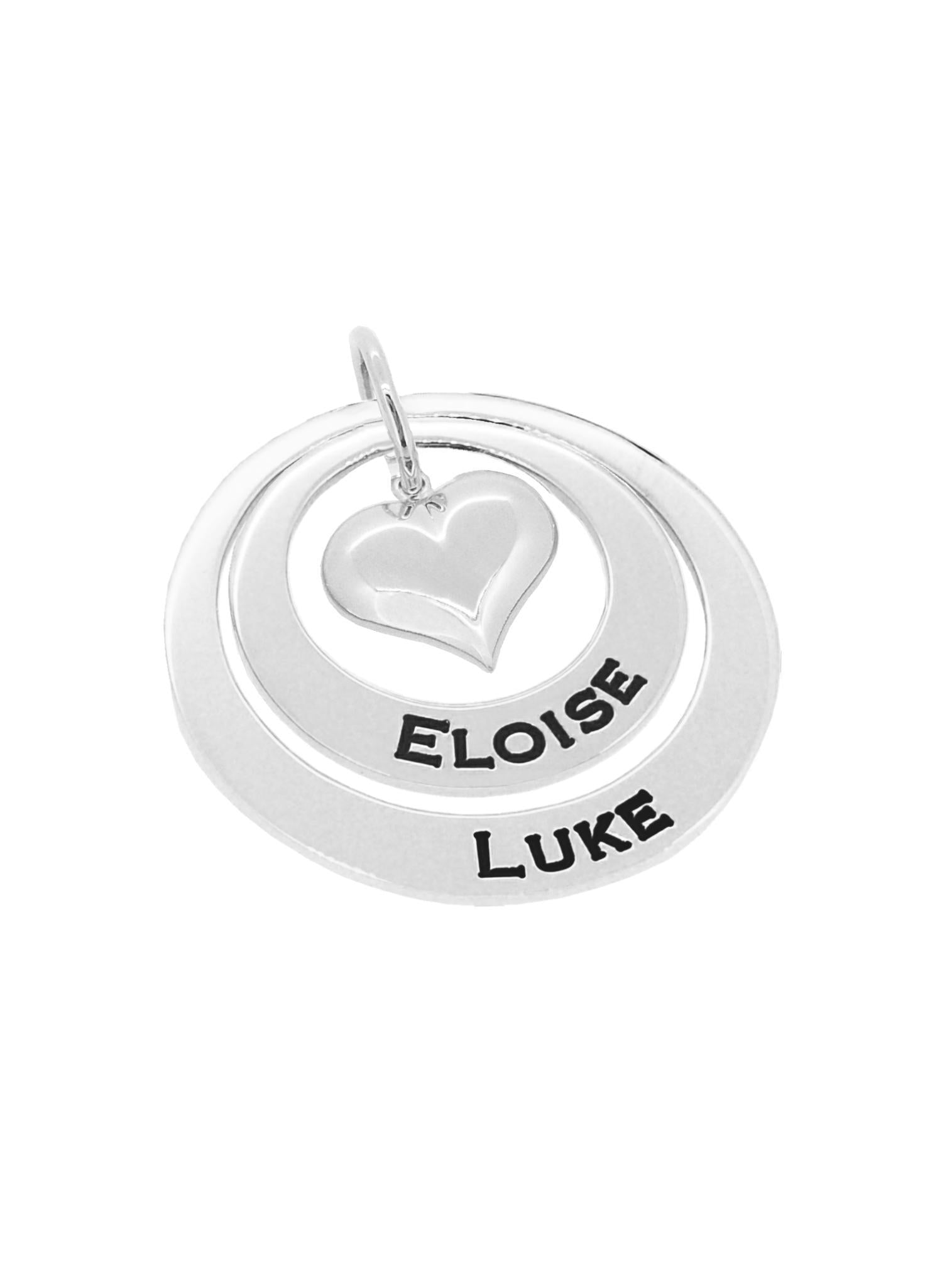 Personalised Family Name Circle Heart Charm Pendant in Sterling Silver
